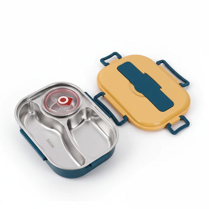 View of a contemporary stainless steel bento lunch box featuring a sleek design and secure lid, showcasing its eco friendly material