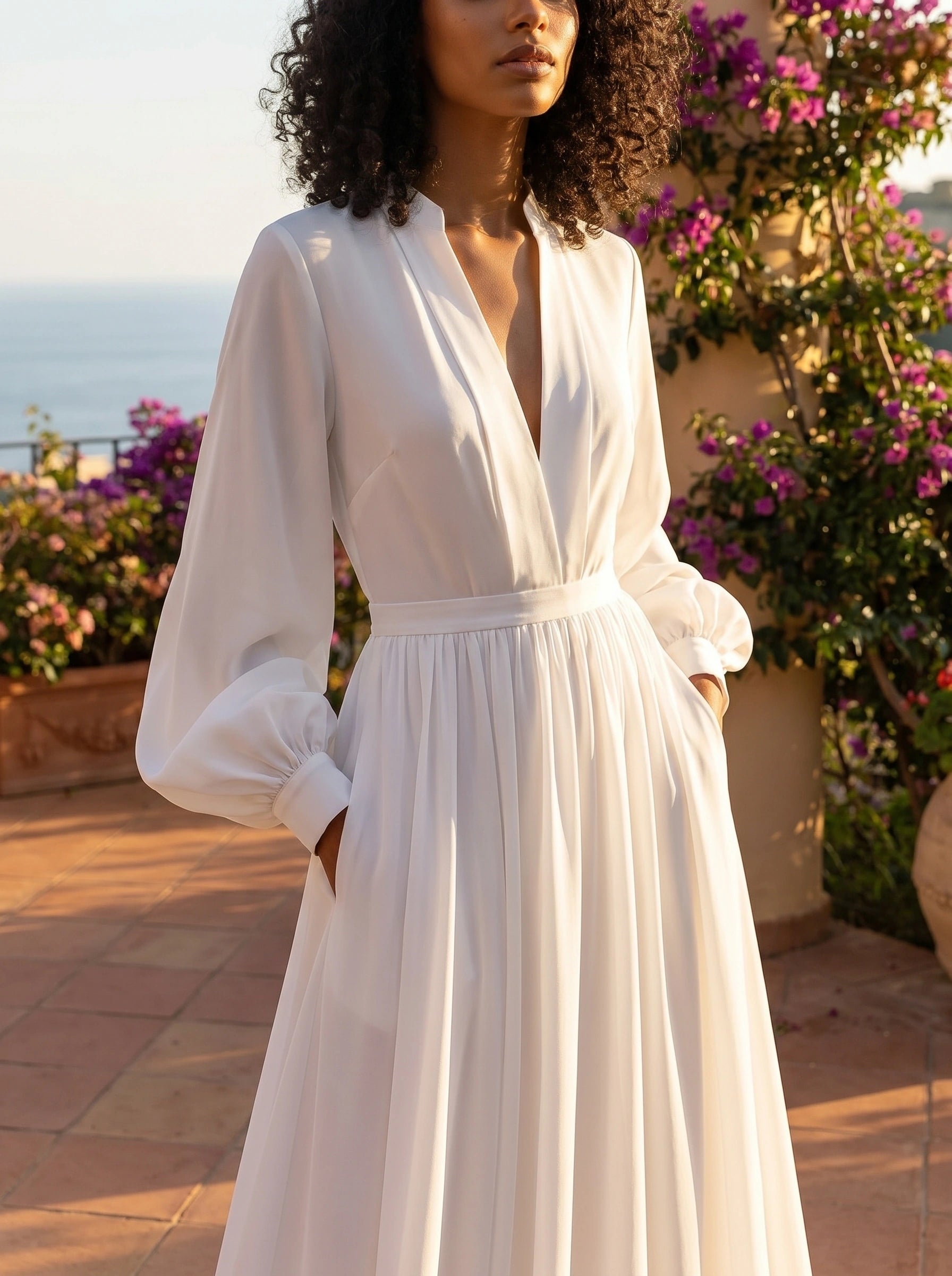 Close up view of the Womens Flowing Maxi Dress showing the luxurious fabric, delicate stitching, and graceful drape, perfect for formal events.