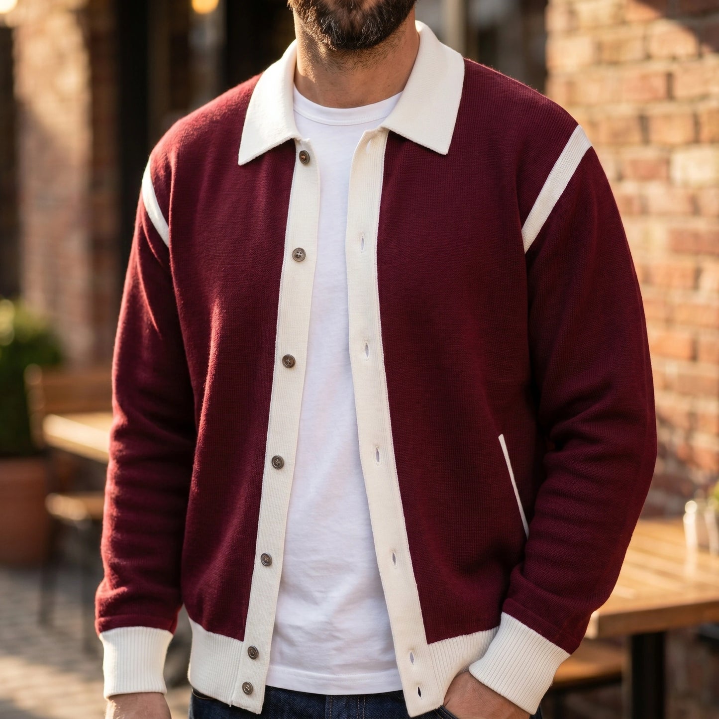Close up view of the Mens Elevated Sophisticated Jacket showing its refined fabric texture, intricate stitching, and button front design against a neutral background.