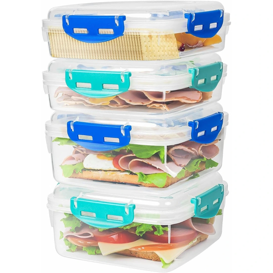 View of a sleek, BPA free airtight lunch box set in vibrant colors, featuring secure locking lids for meal prep