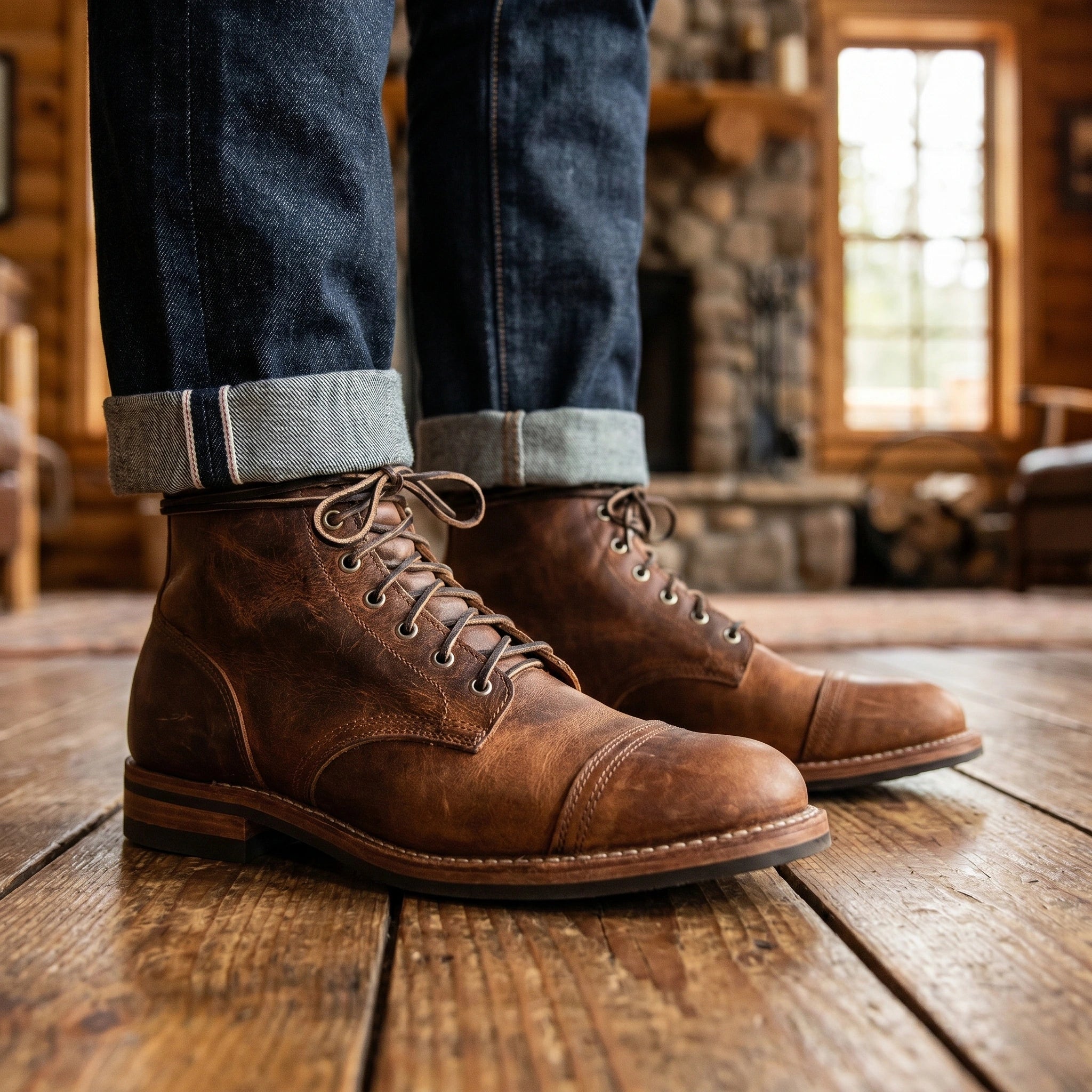 A model showcases the men's rugged orthopedic lace up boots in a full front view, styled with a casual outfit against a neutral background.