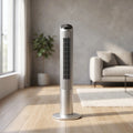 A modern bladeless tower fan with a sleek design and intuitive Wi Fi control interface, showcasing its elegant profile