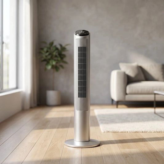 A modern bladeless tower fan with a sleek design and intuitive Wi Fi control interface, showcasing its elegant profile