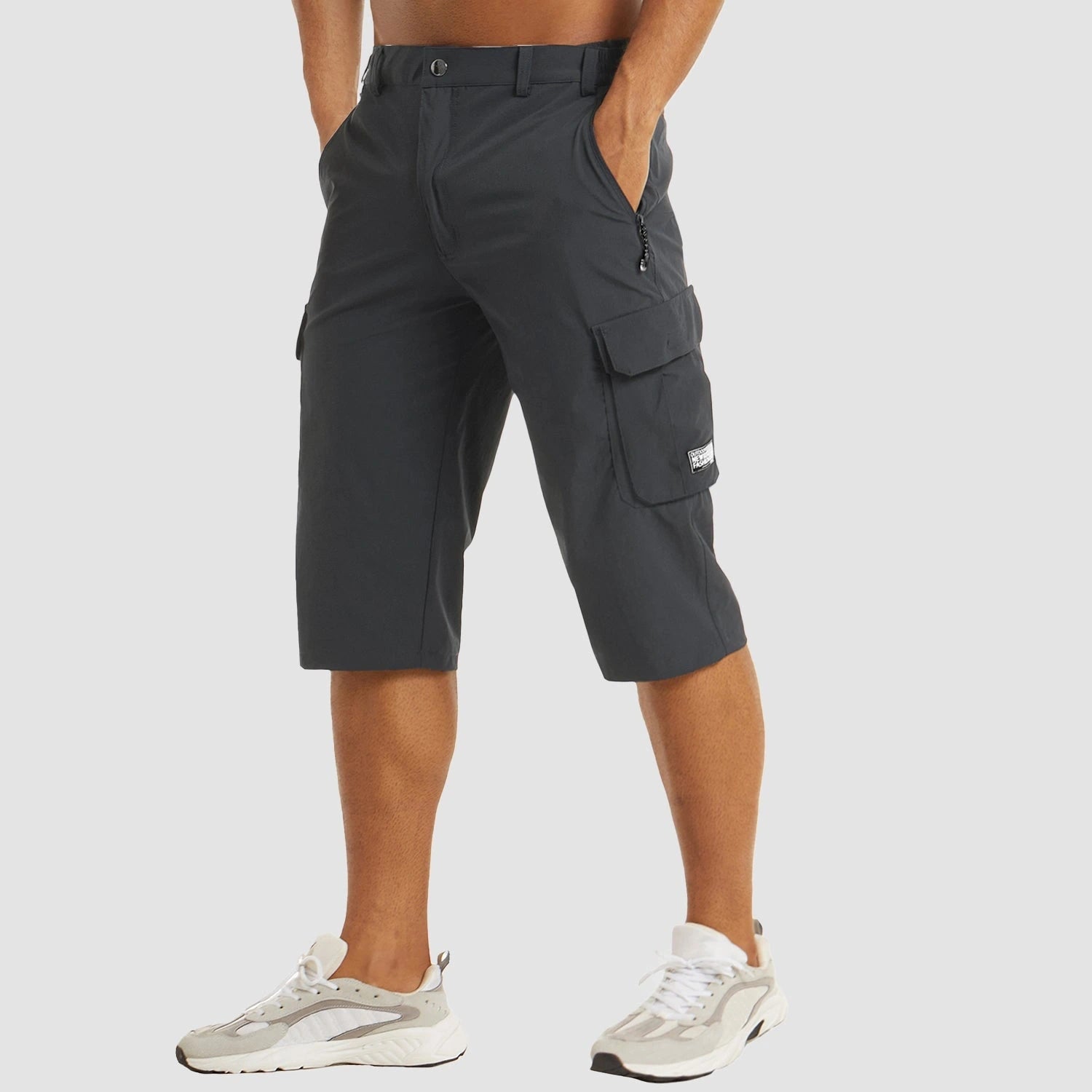 View of structured summer cargo shorts in khaki, featuring multiple pockets and a relaxed fit for comfort