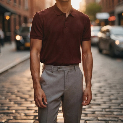 View of a slim fit short sleeve polo t shirt in light blue, made from breathable cotton, featuring a classic collar and button placket