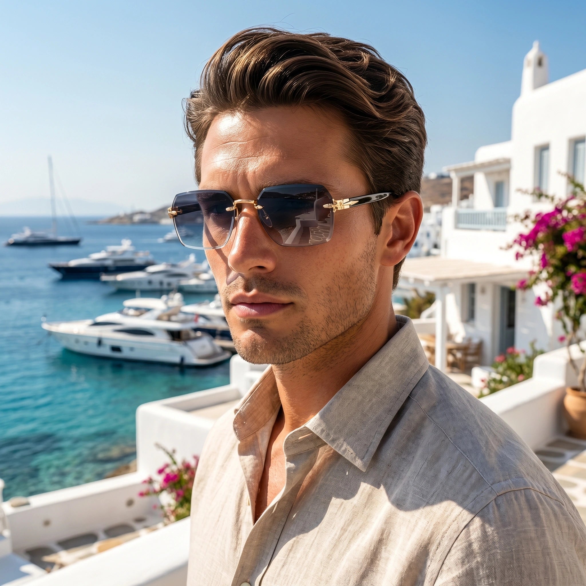 Back view of a model wearing men's rimless summer sunglasses, showing the sleek design and construction details against a vibrant outdoor backdrop.