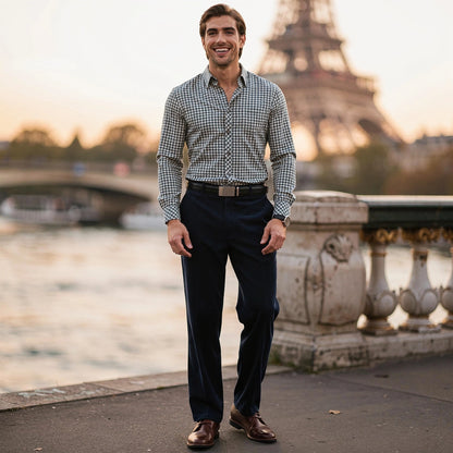 View of luxurious tailored velvet dress pants in deep navy blue, featuring a sleek fit and subtle sheen