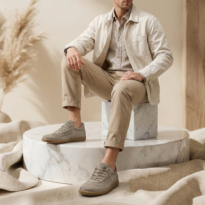 Close up of the soft fabric and precise stitching on the Mens Classic Lace Up Sneakers, showing their quality craftsmanship and modern design.