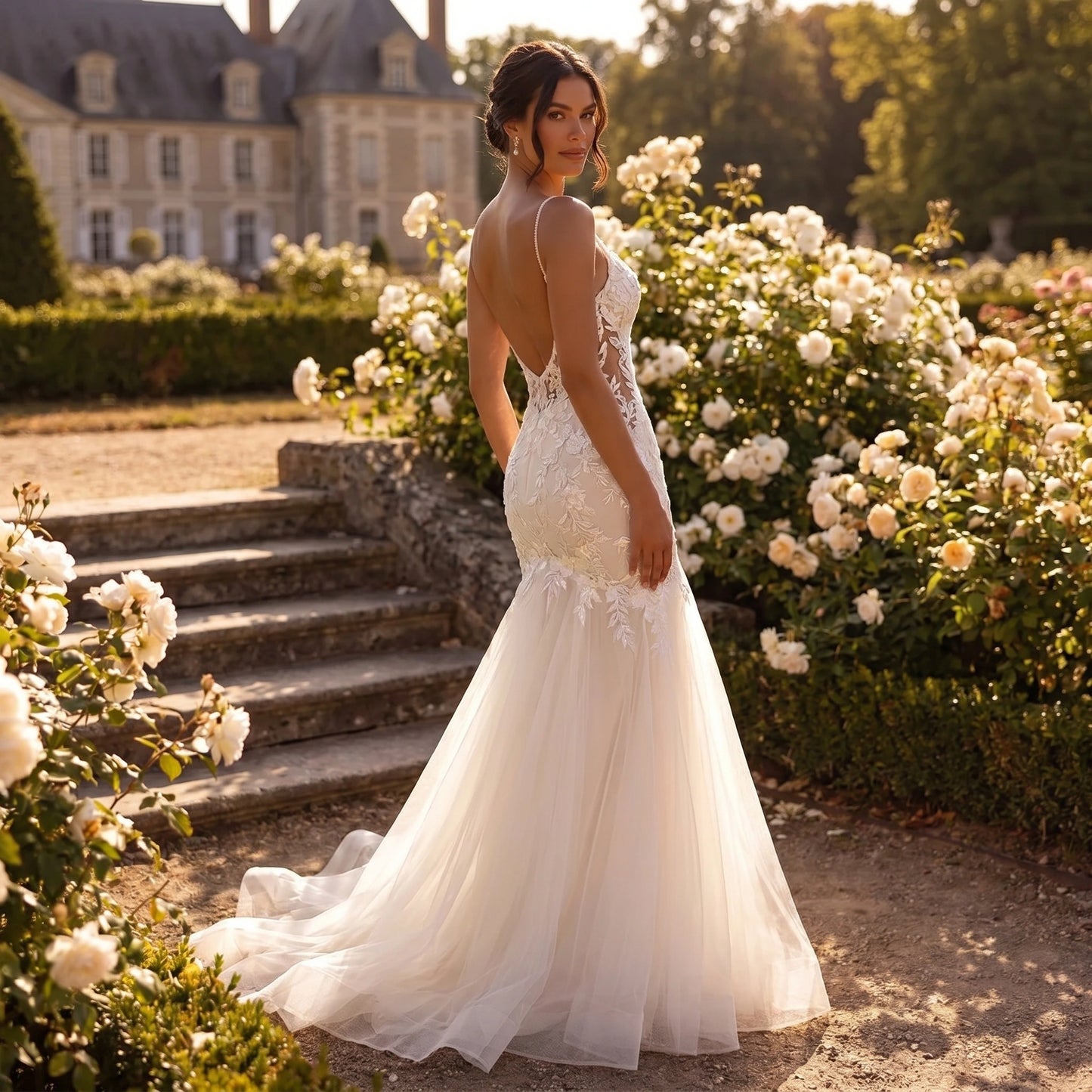 Back view of the Womens Backless Wedding Dress showing delicate spaghetti straps and intricate construction details against a soft, neutral background.