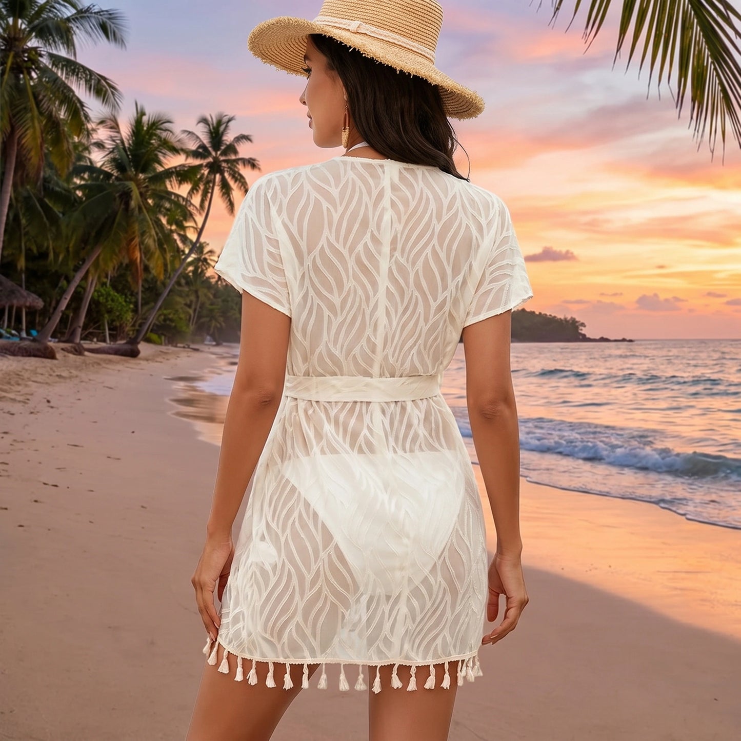 Close up view of the Womens Airy Lace Maxi Beach Dress showing intricate lace detailing and delicate stitching against a soft, sunlit background.