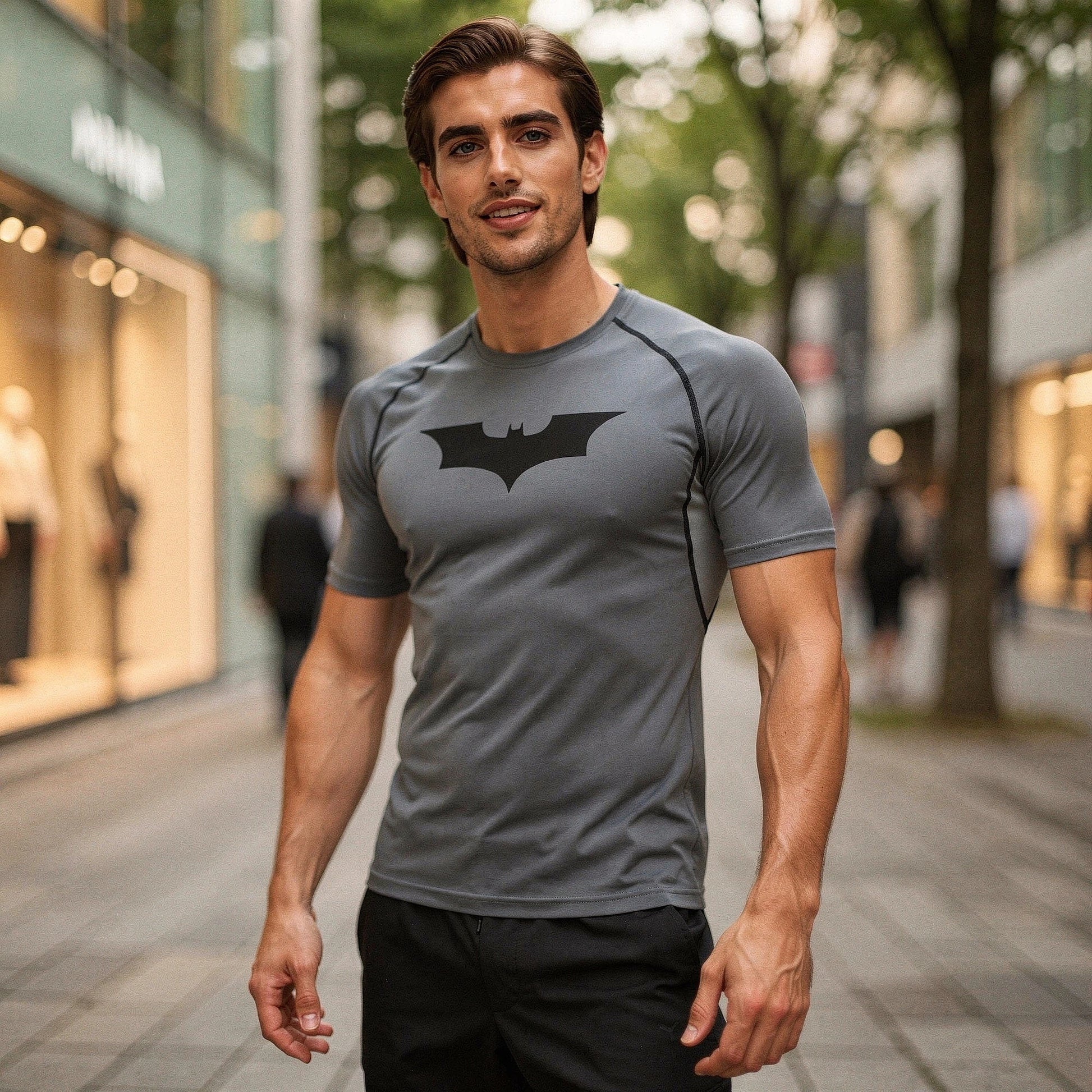 View of a black men's athletic compression running tee made from moisture wicking fabric with short sleeves and a fitted design