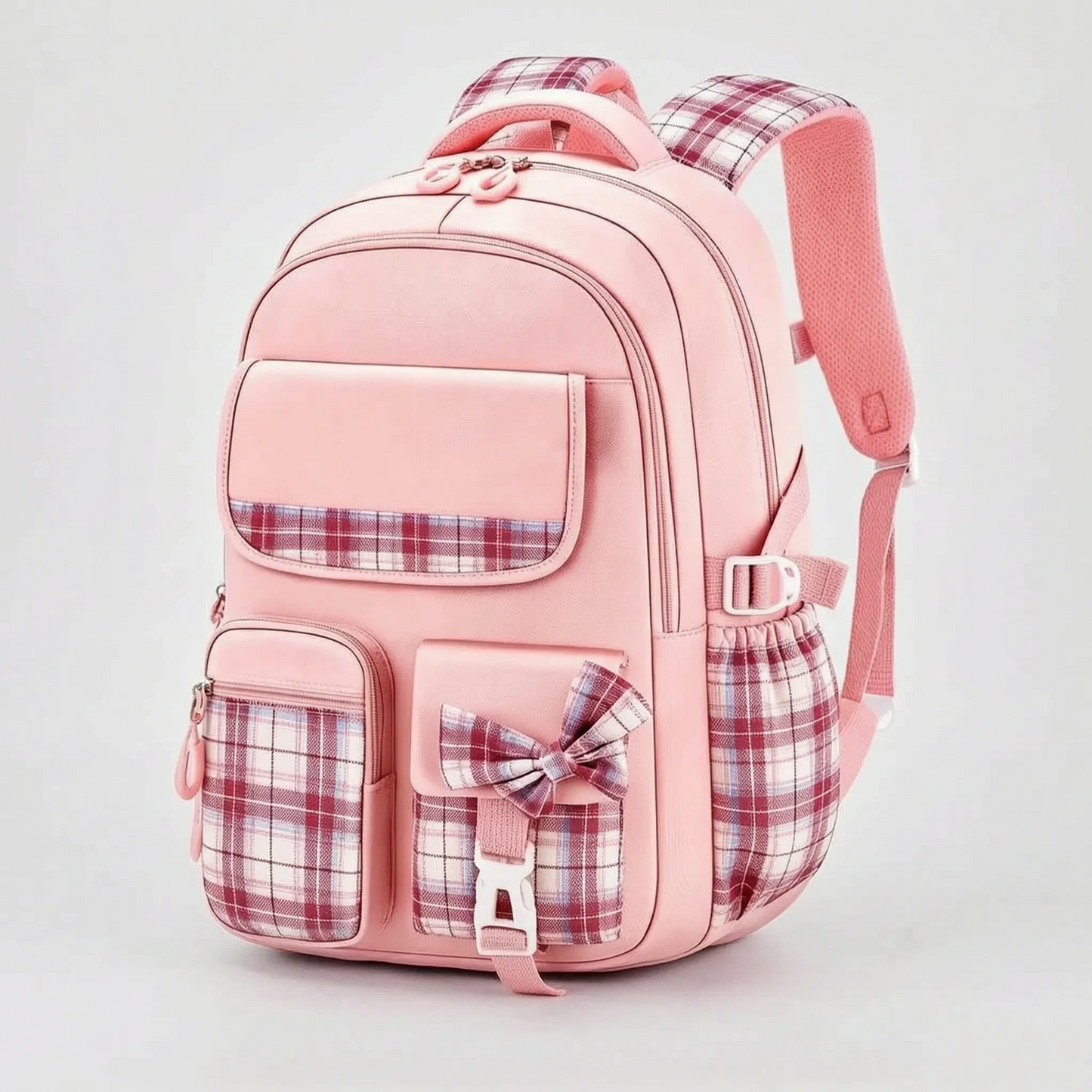 View of a stylish checkered school backpack featuring padded shoulder straps and a spacious compartment