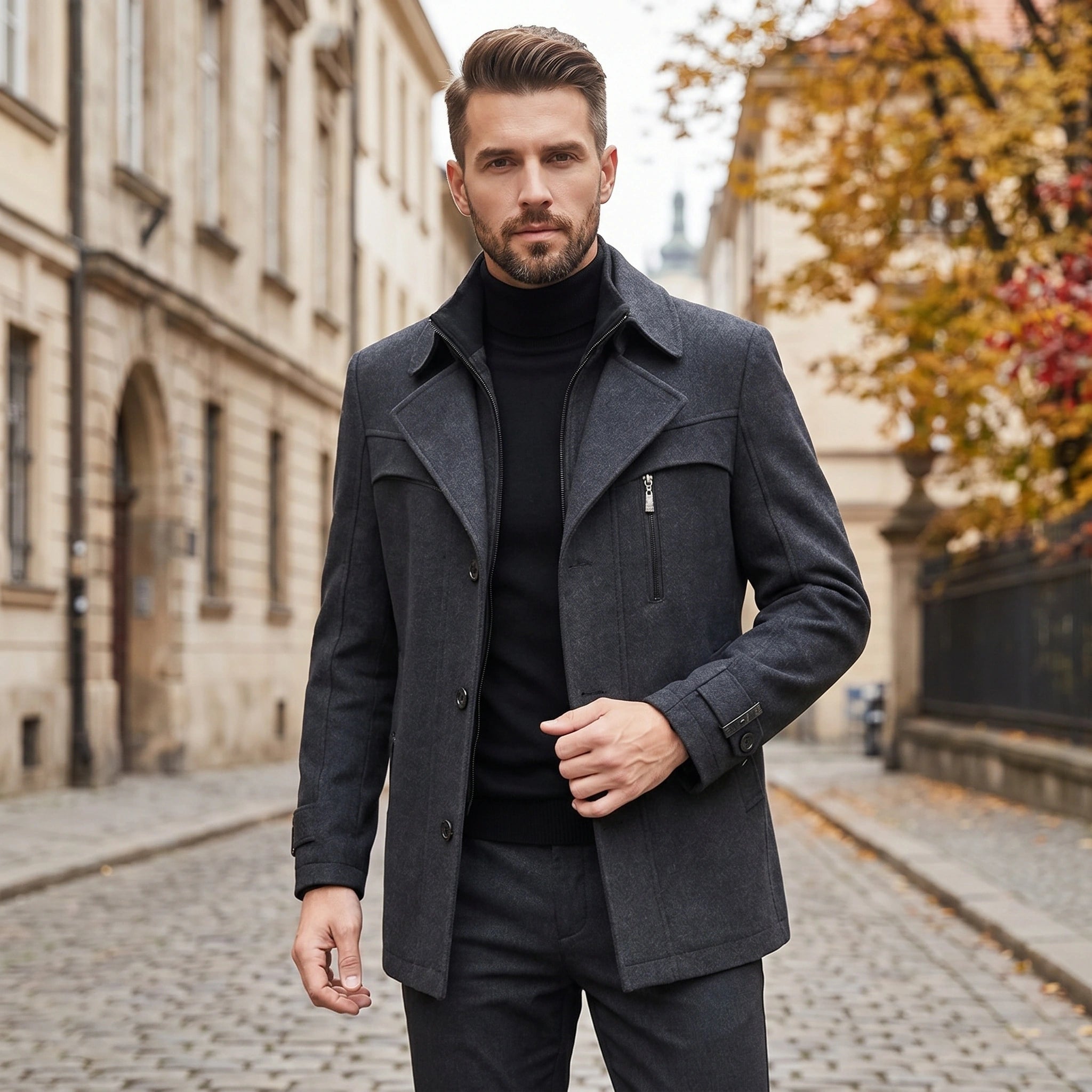 A model showcases a mens tailored winter coat in a sleek navy color, paired with accessories against a minimalist backdrop.