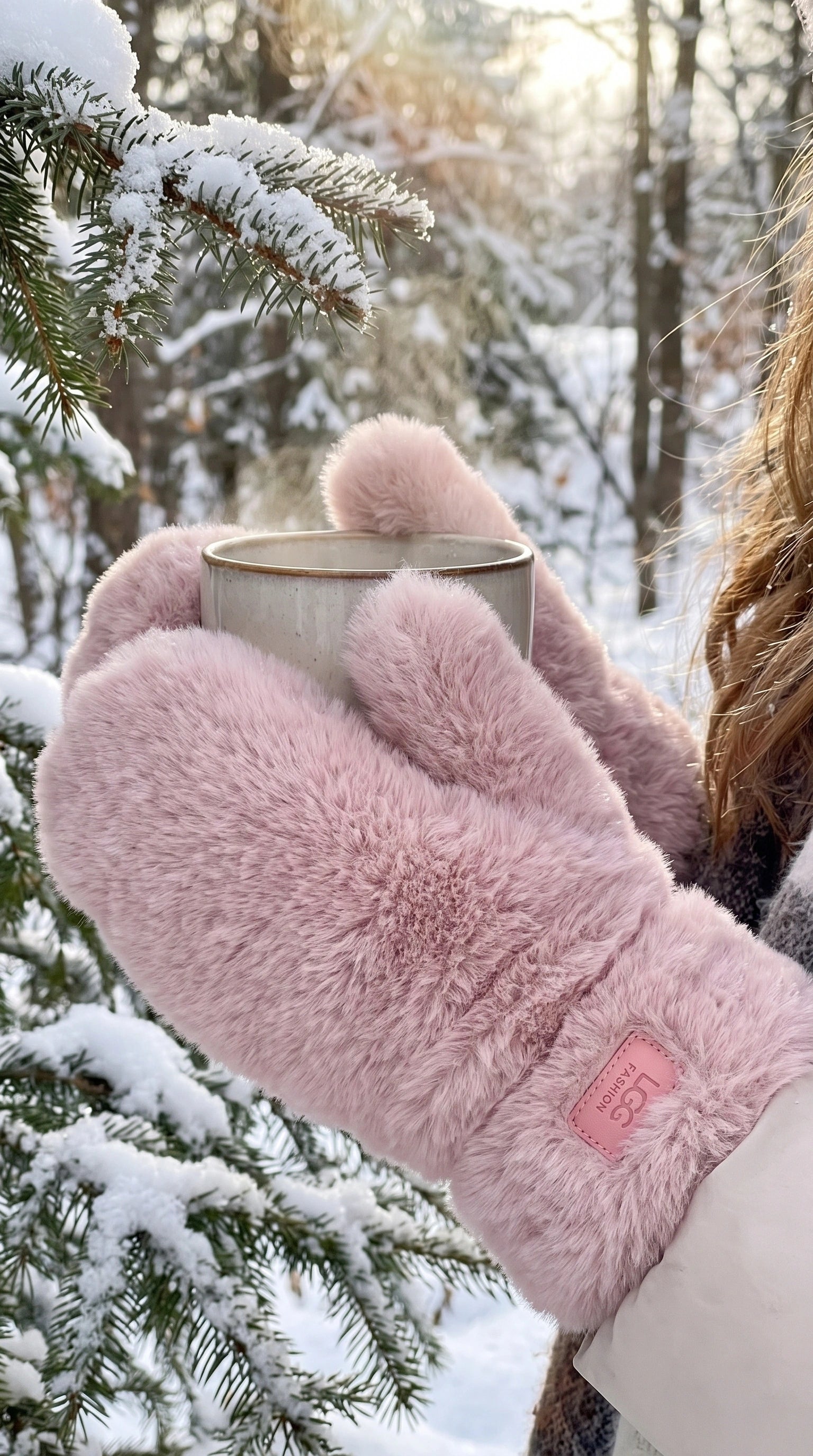 A model showcases the Womens Cozy Plush Winter Gloves in a winter outfit, showing a neutral color palette against a soft, snowy background.