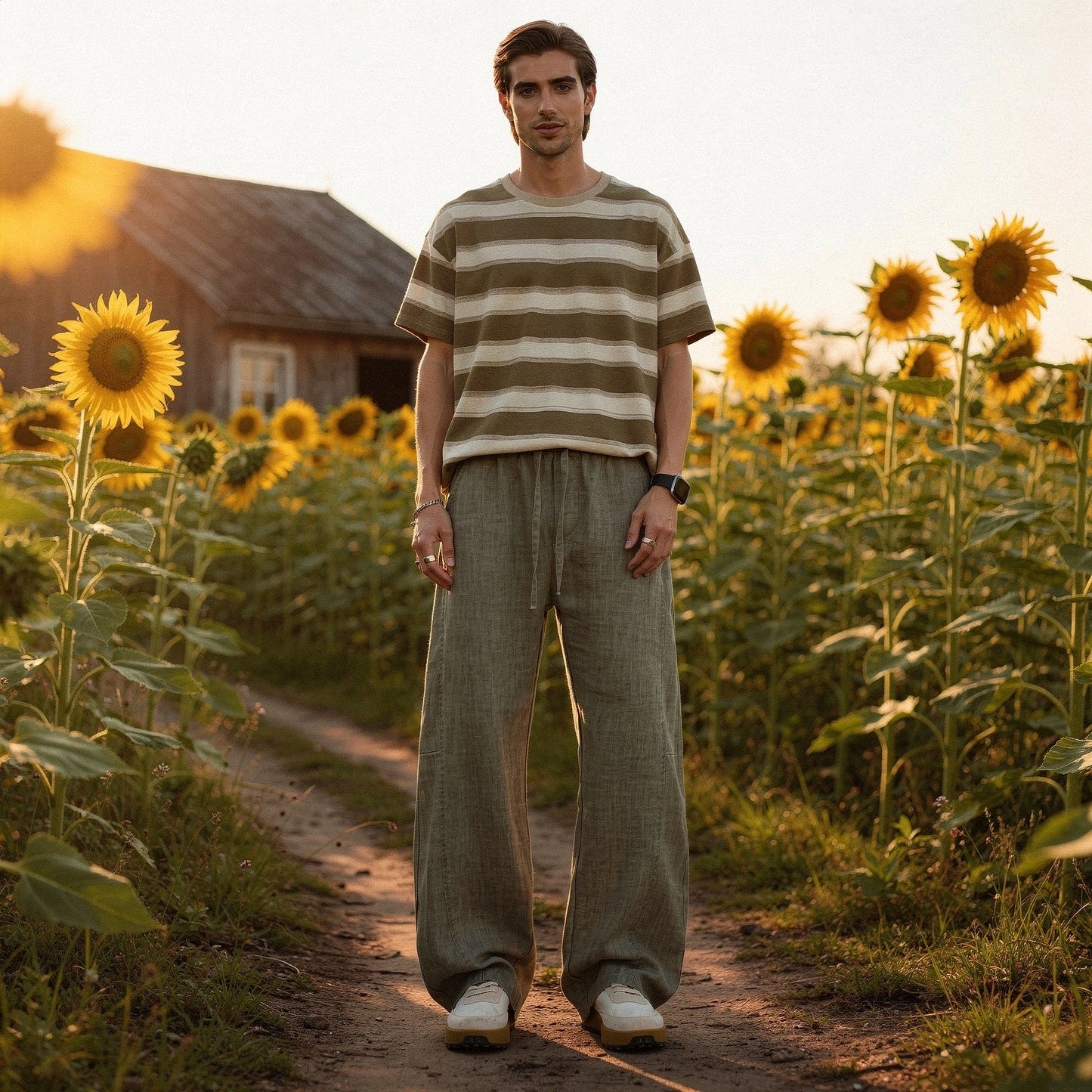 View of relaxed lightweight summer trousers in light beige fabric, featuring a comfortable fit and elastic waistband