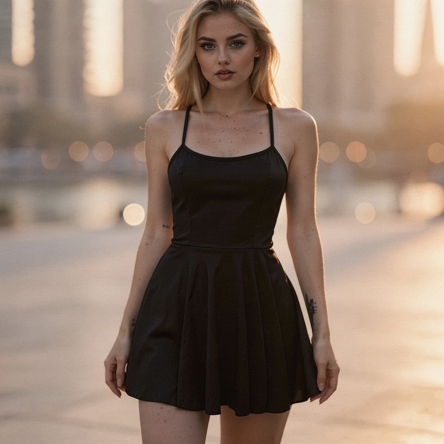 View of a women's elegant pleated mini dress in soft pink fabric, showcasing intricate pleating and a fitted bodice
