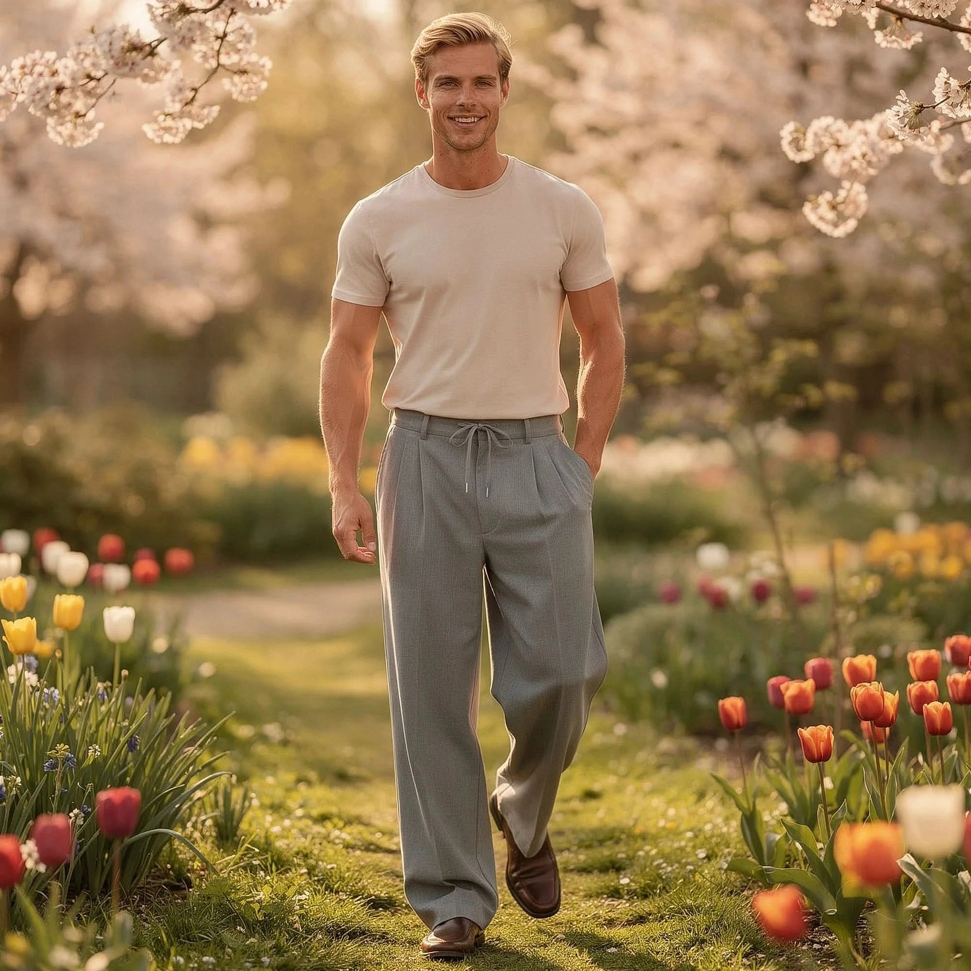 View of relaxed fit drawstring pants in soft cotton fabric, featuring an elastic waistband and pockets