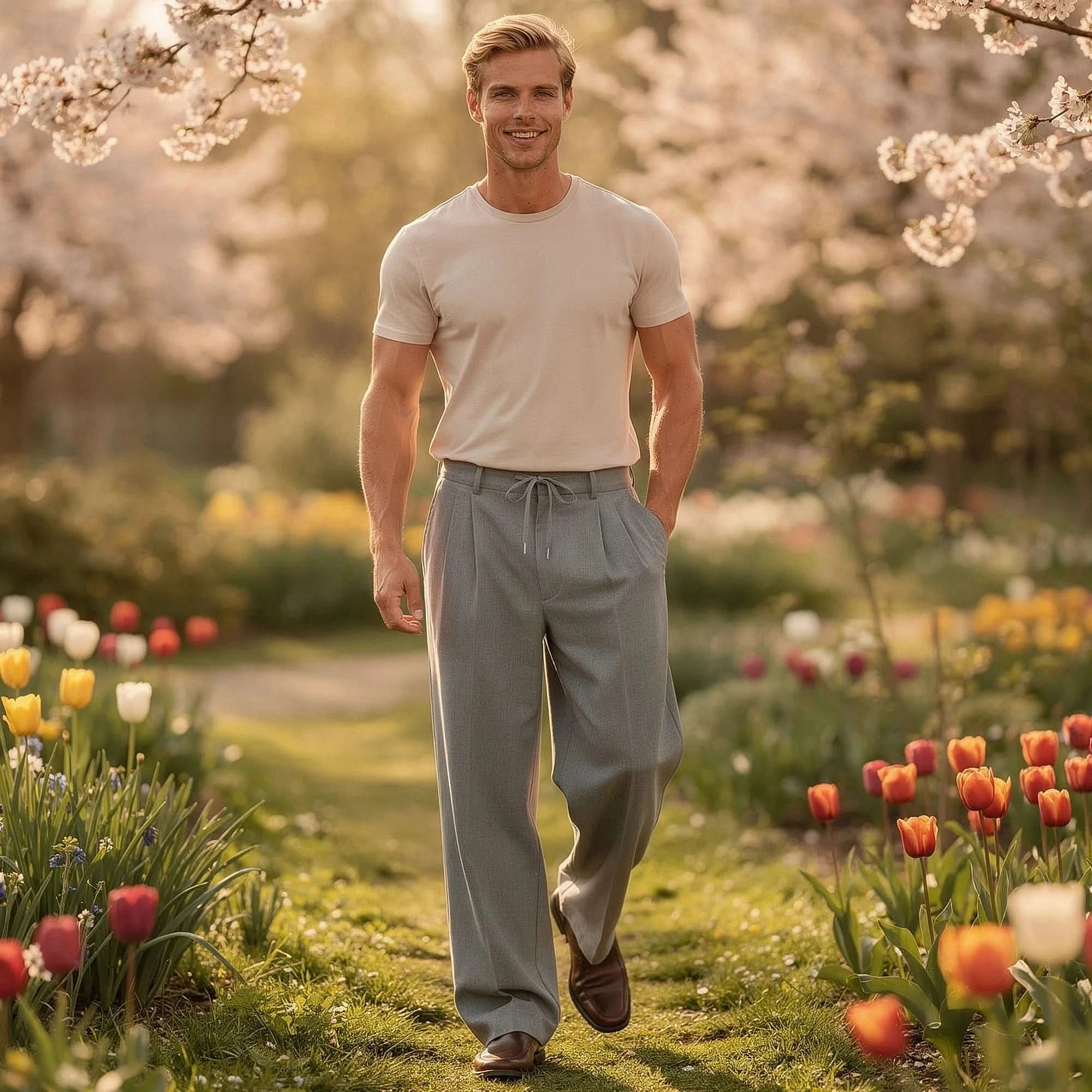 View of relaxed fit drawstring pants in soft cotton fabric, featuring an elastic waistband and pockets