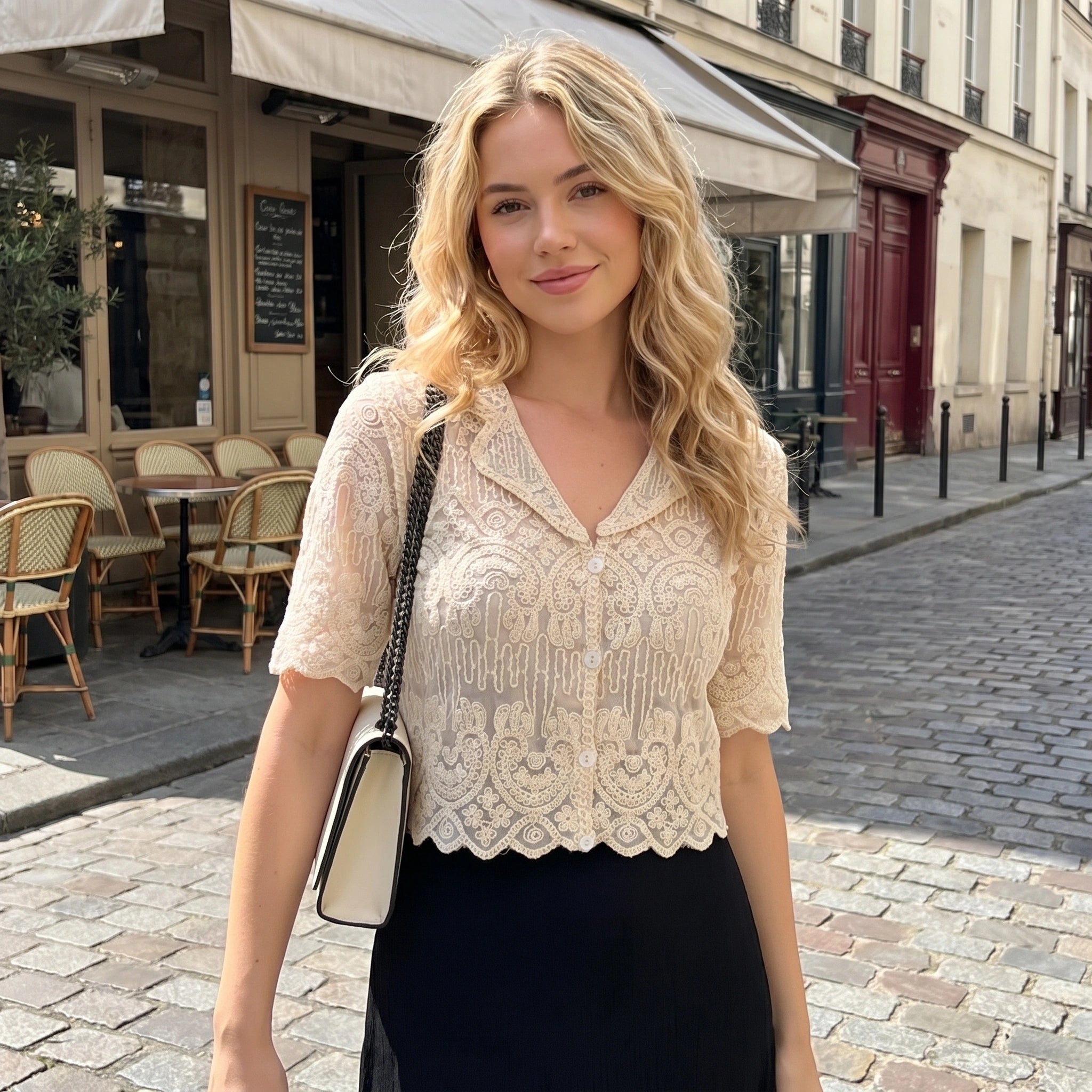 Back view of a model showing the Womens Sheer Boho Summer Blouse in soft white, showing its delicate fabric and intricate construction details against a neutral background.