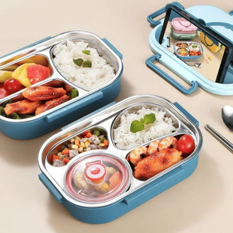 View of a modern stainless steel lunch box with a sleek design, showcasing the lid and insulation features