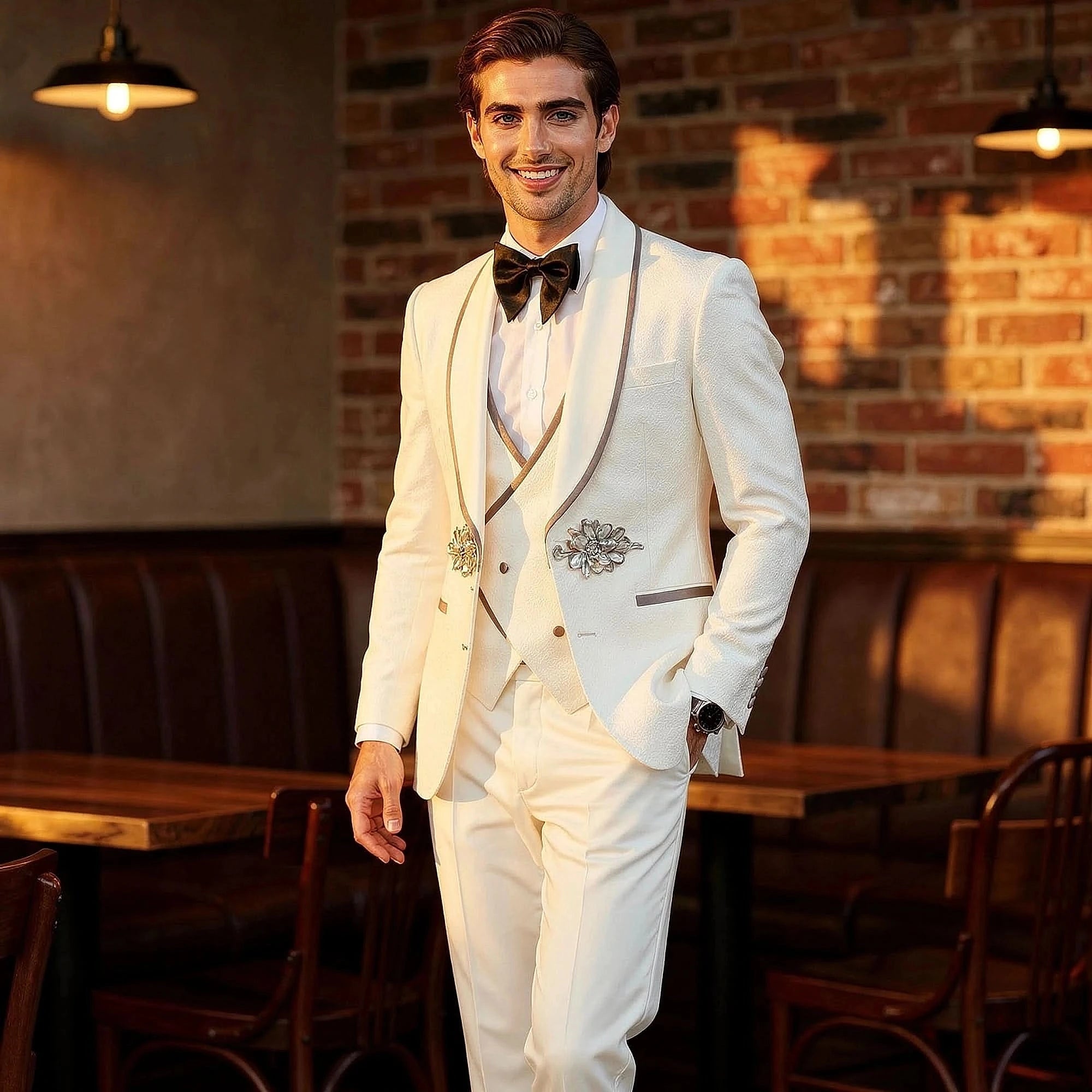 View of a sleek black slim fit tuxedo suit set made from smooth fabric, featuring a tailored silhouette and elegant lapels