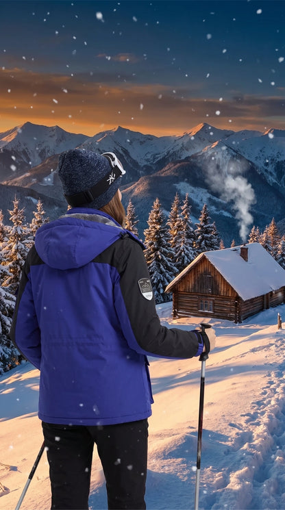 Close up of the women's warm windproof waterproof ski jacket showing the high quality fabric, precise stitching, and design elements in a colorful.