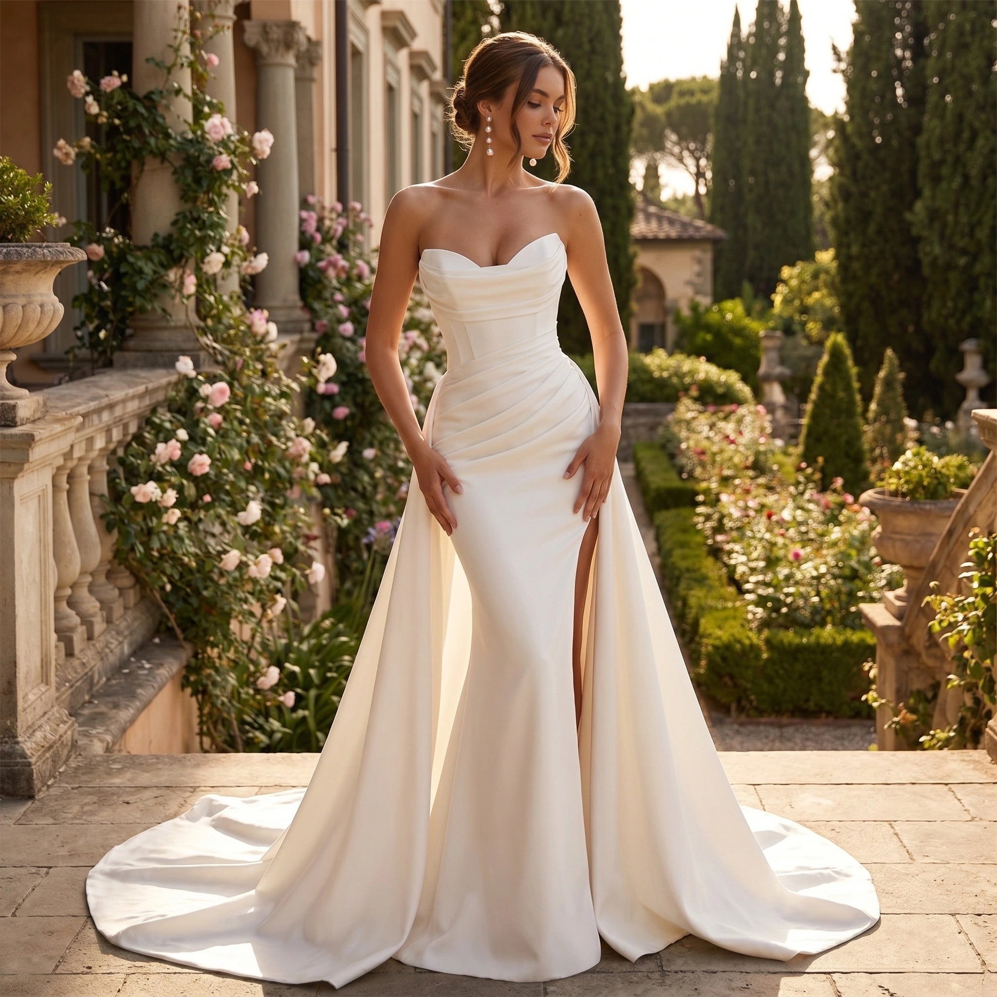 Close up view of the Womens Enchanting Bridal Gown showing intricate lace detailing and delicate stitching against a soft, neutral background.