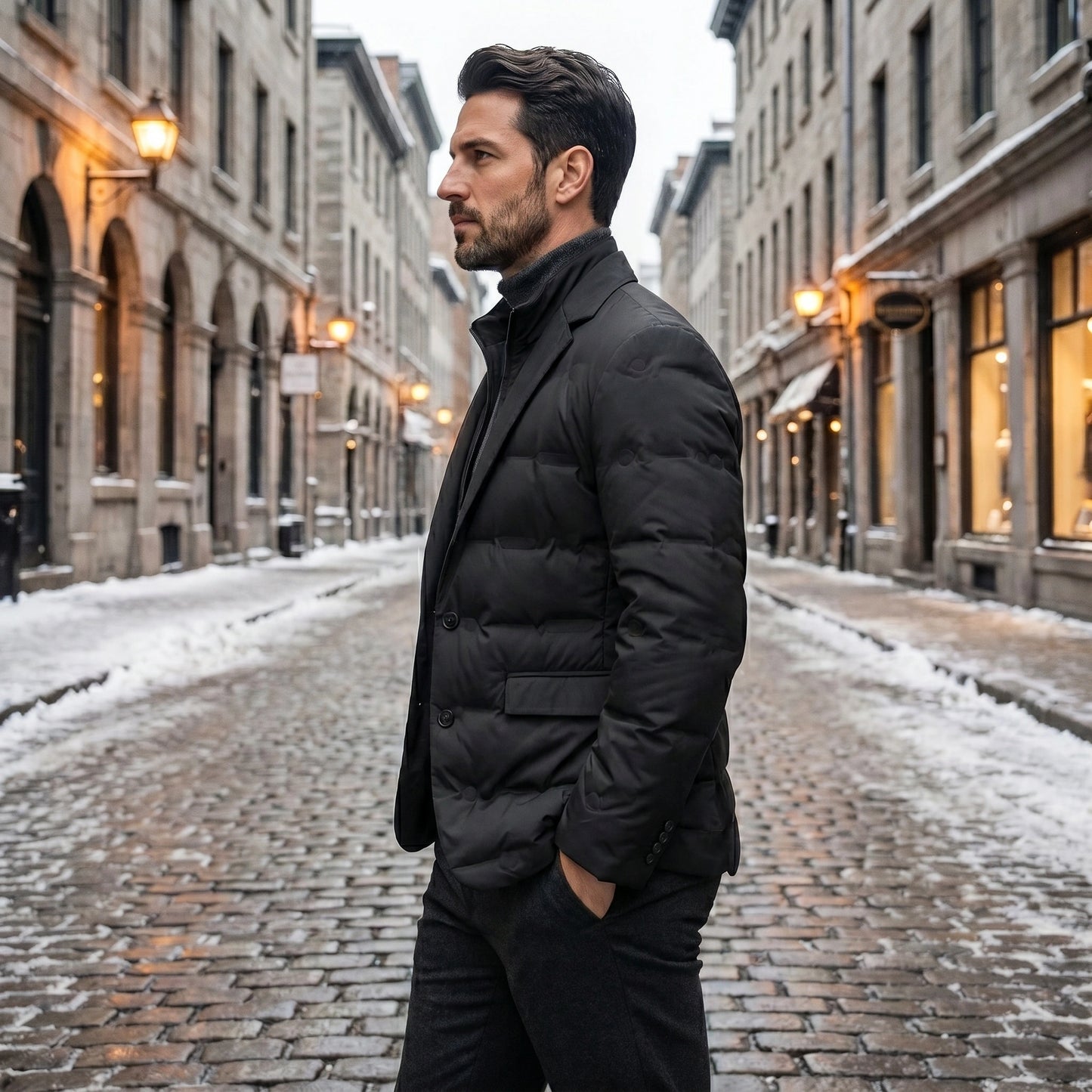 Back view of the Men's Streamlined Winter Jacket showing its tailored fit, sleek silhouette, and premium fabric details against a minimalist background.