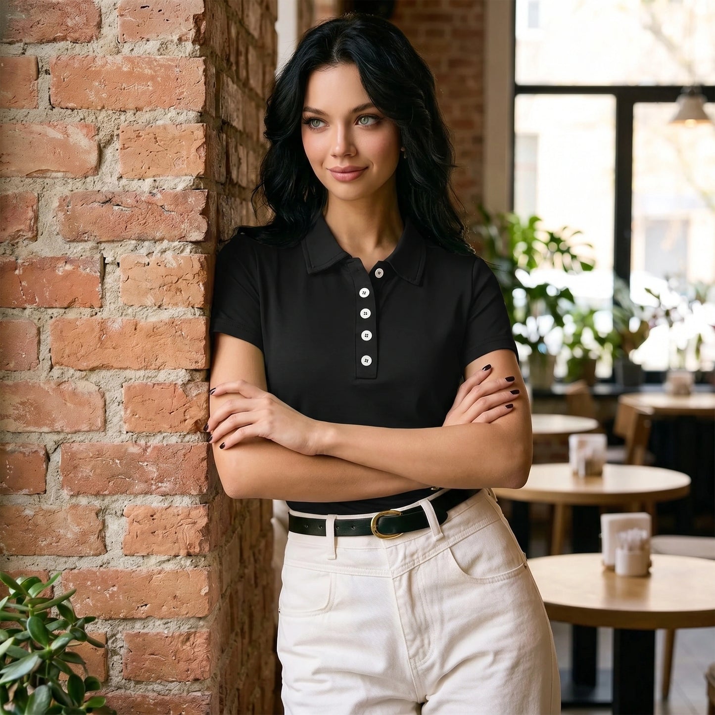 Close up view of the soft fabric and precise stitching of a women's summer lapel polo shirt in Black, showing its quality and design details.