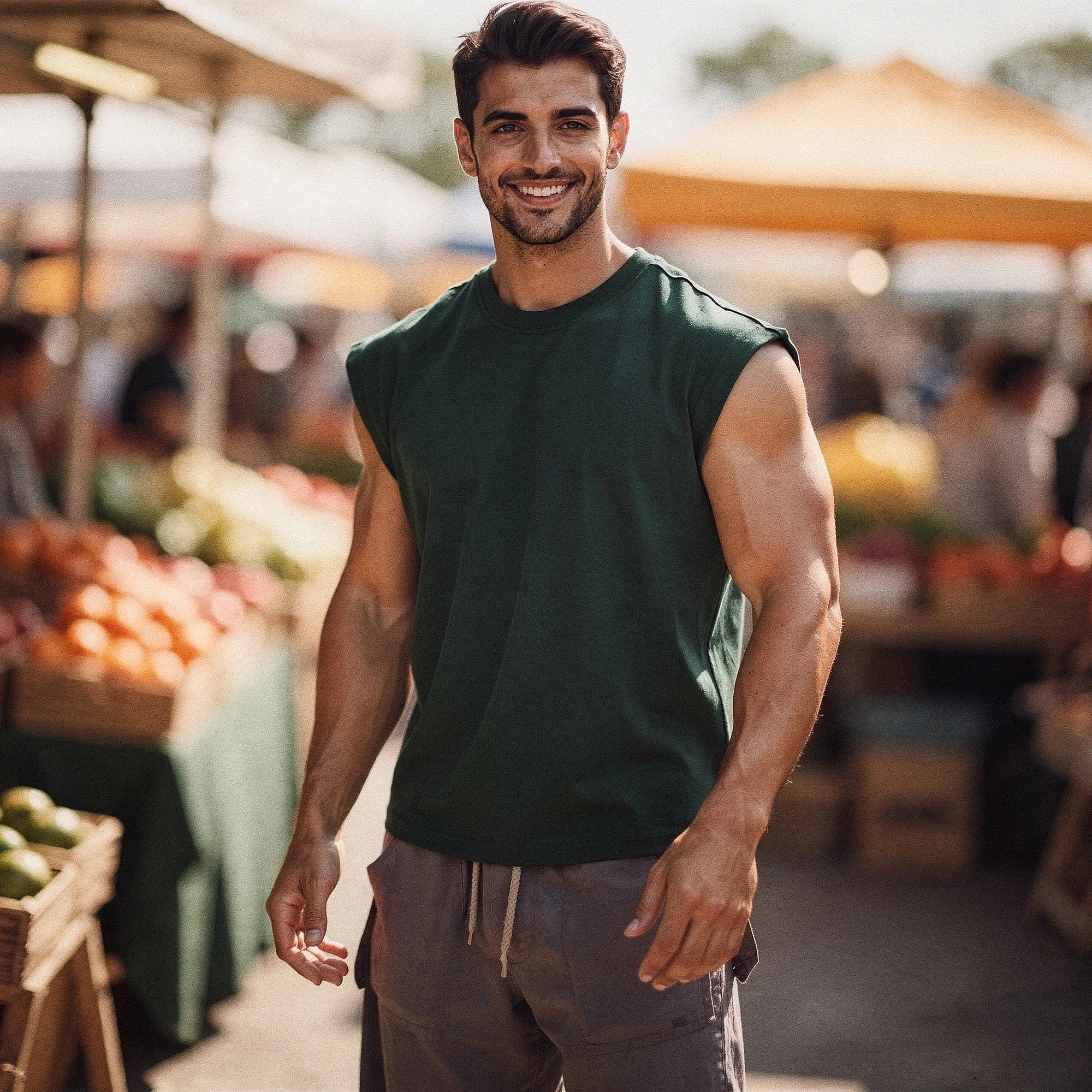 View of a sleek, comfortable summer tank top in light gray, featuring a relaxed fit and soft cotton material