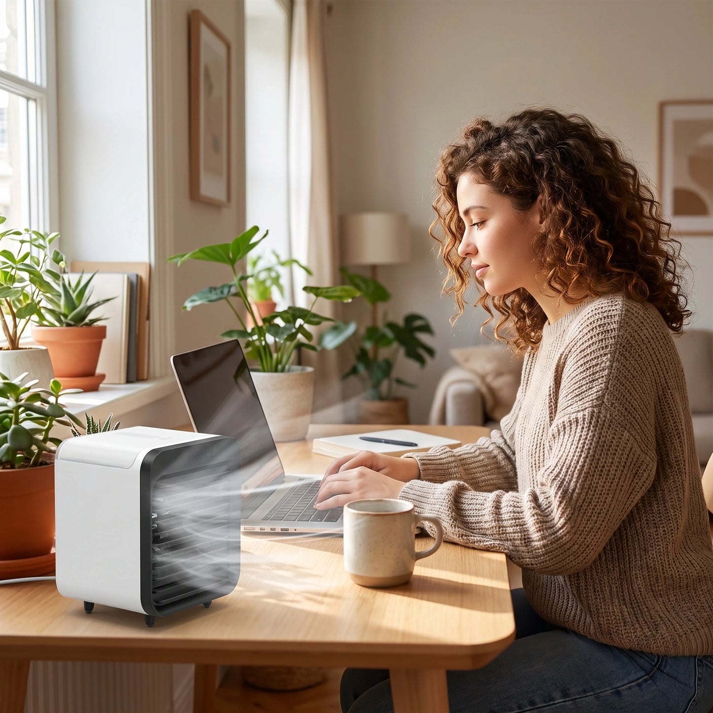 Close up view of the compact rechargeable USB air conditioner fan showing its sleek design, textured surface, and precise stitching details against a neutral background.