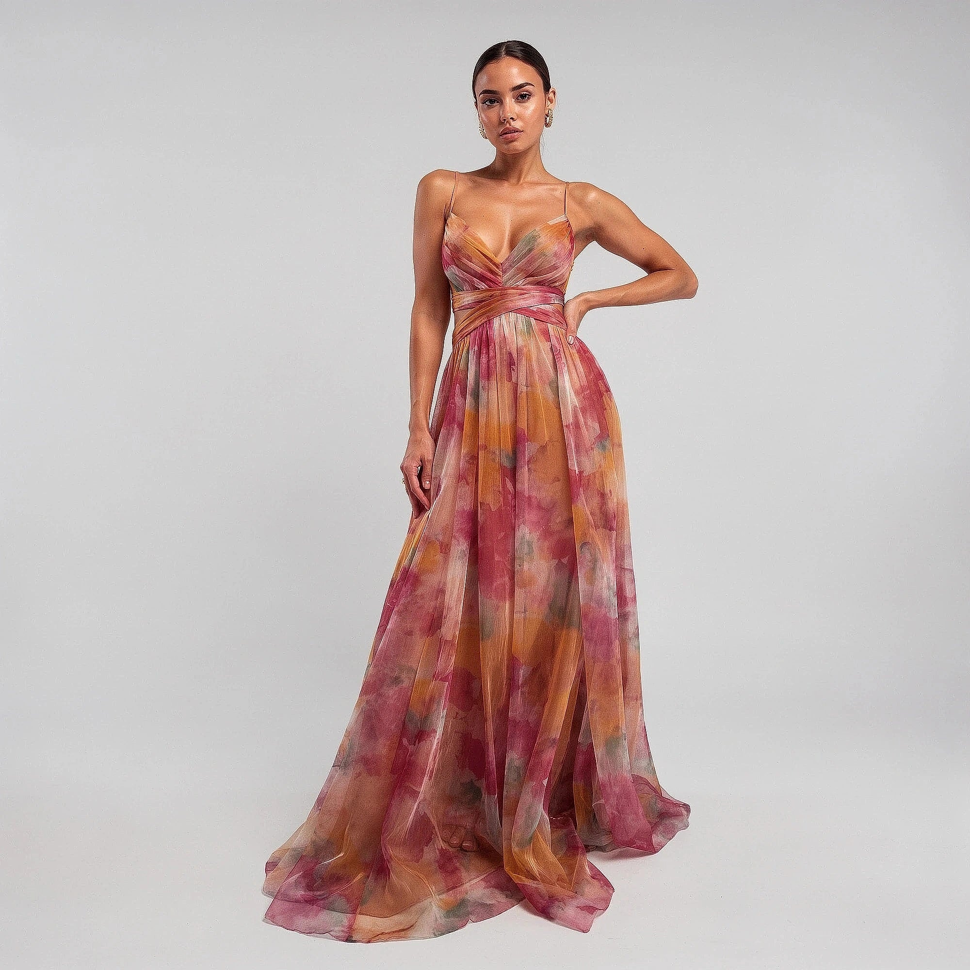 View of a relaxed floral maxi dress featuring adjustable straps and a vibrant floral pattern on a soft fabric