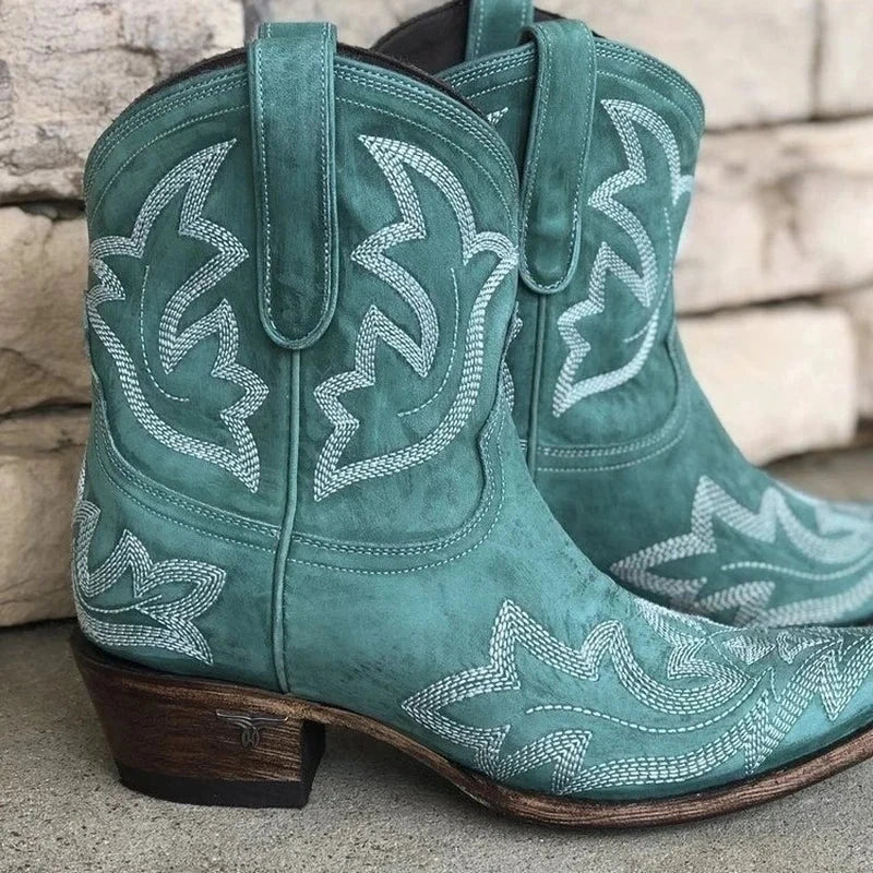 View of bold cowgirl boots featuring striking patterns, rich brown leather, and decorative stitching details
