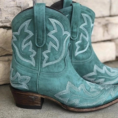 View of bold cowgirl boots featuring striking patterns, rich brown leather, and decorative stitching details