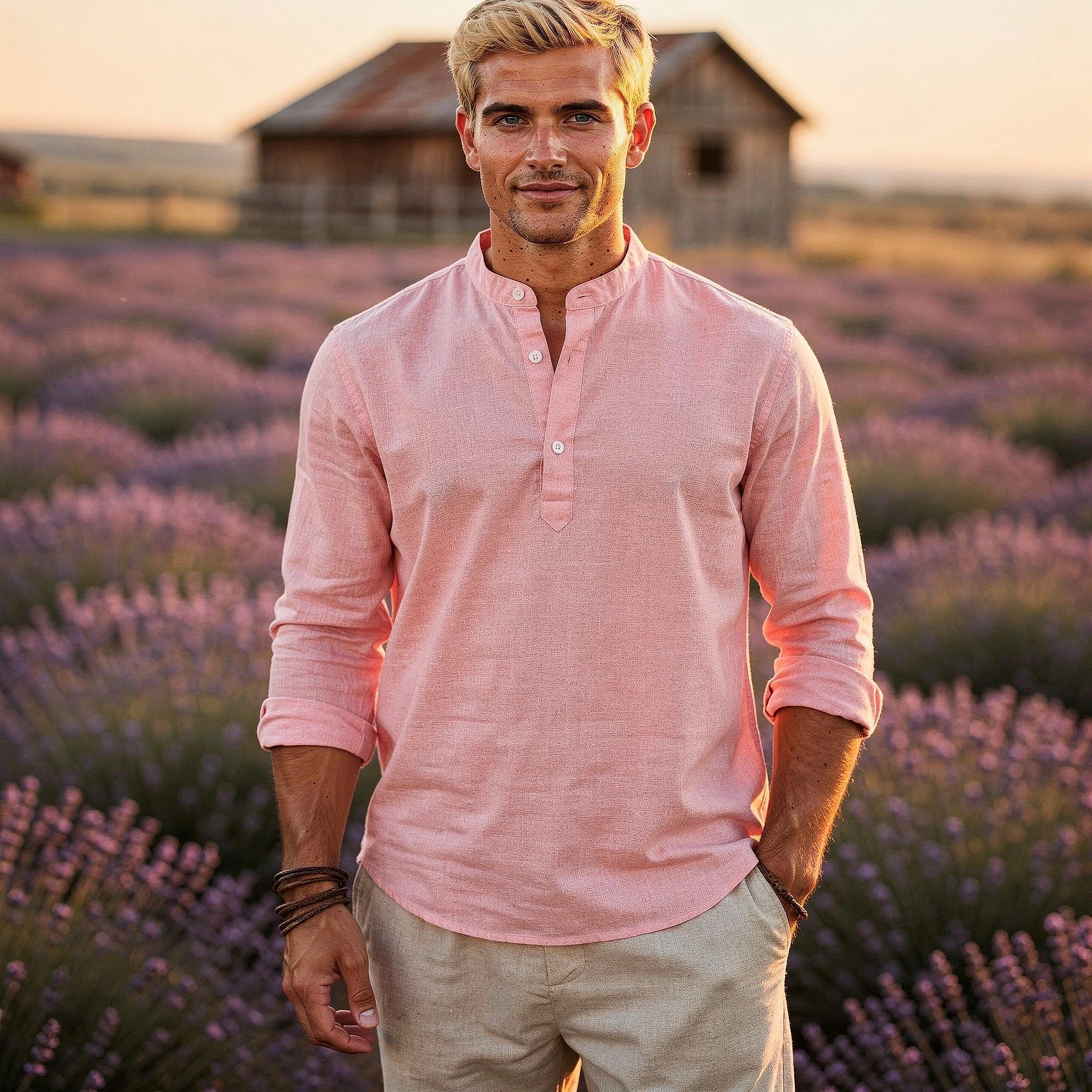 Lightweight casual henley shirt in soft cotton blend, featuring a relaxed fit and button placket, view