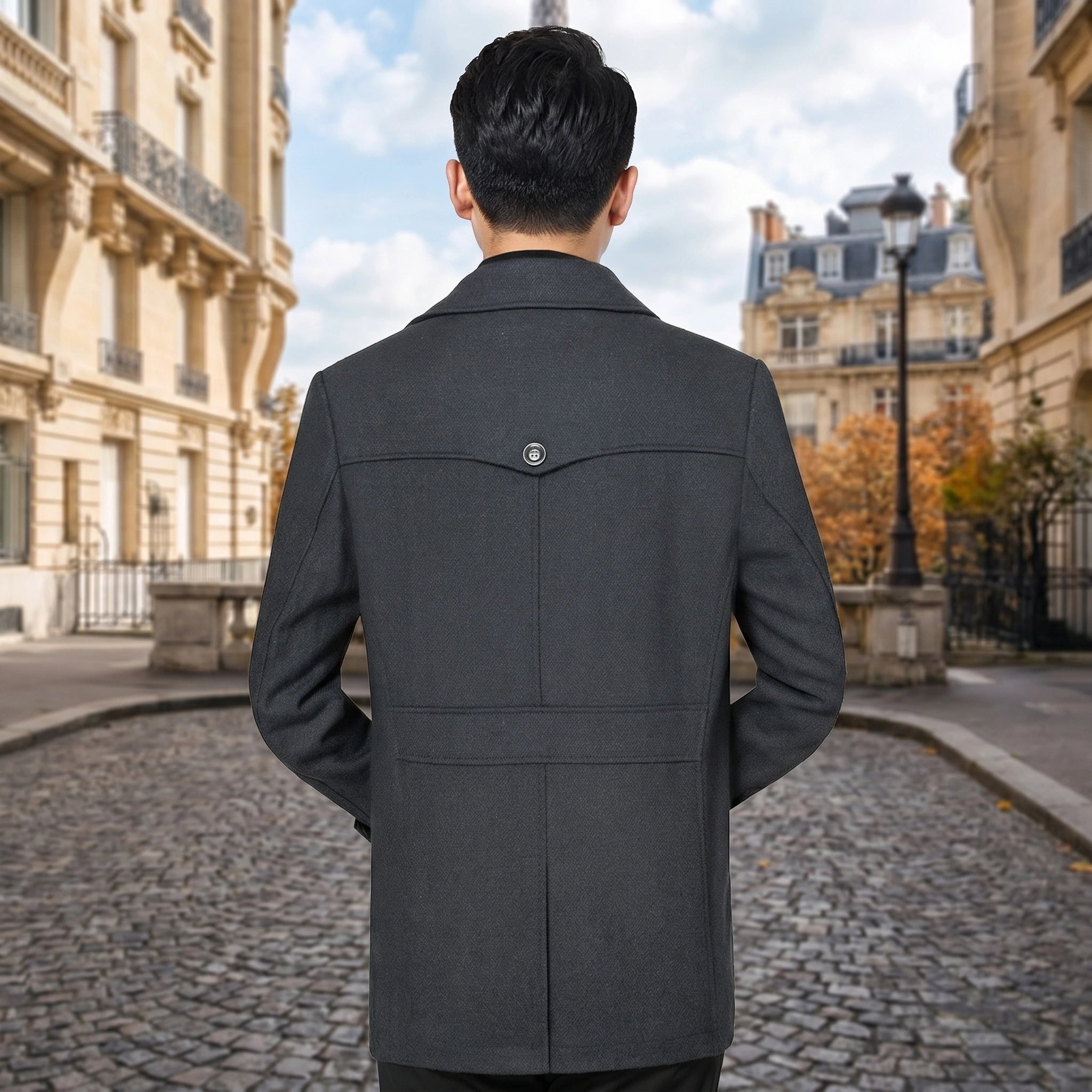 Close up of the Men's Tailored Coat showing the luxurious fabric texture, precise stitching, and sophisticated design elements against a neutral background.