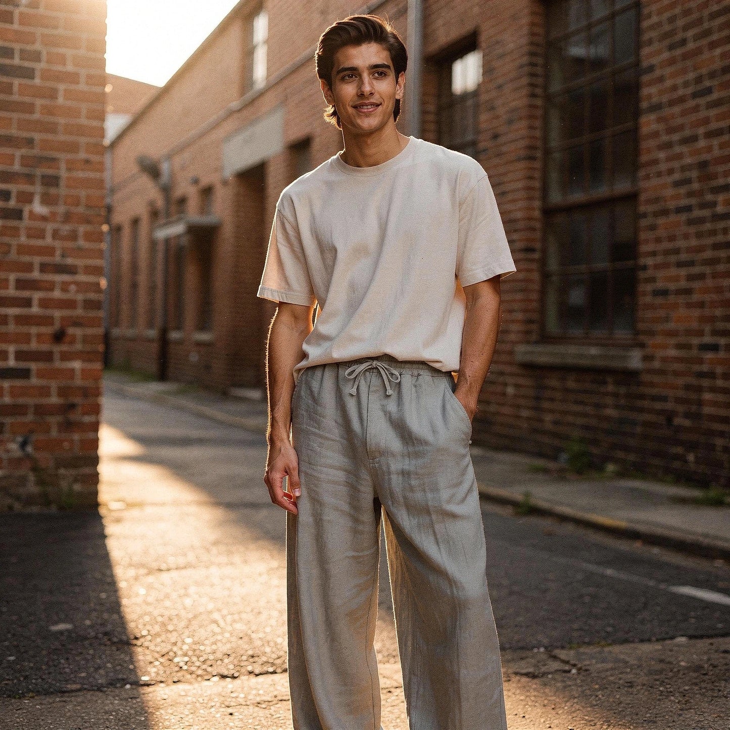 Lightweight casual trousers in a relaxed fit, featuring a subtle beige color and pockets, view