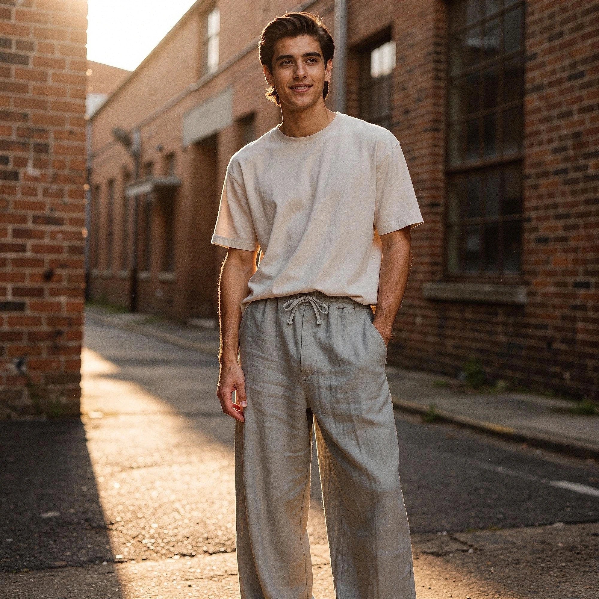 Lightweight casual trousers in a relaxed fit, featuring a subtle beige color and pockets, view