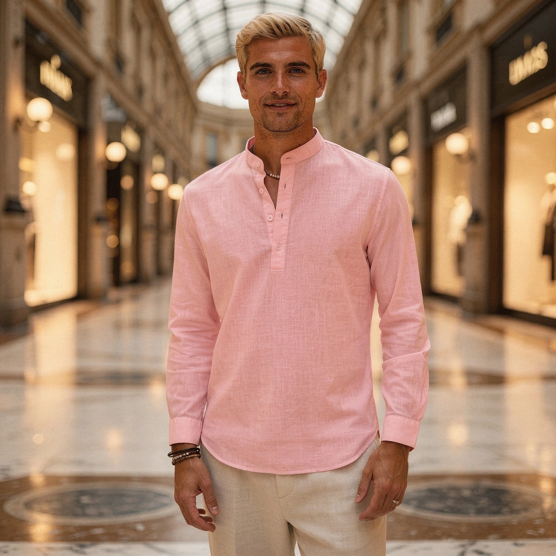 Lightweight casual henley shirt in light gray, featuring a three button placket and long sleeves, view