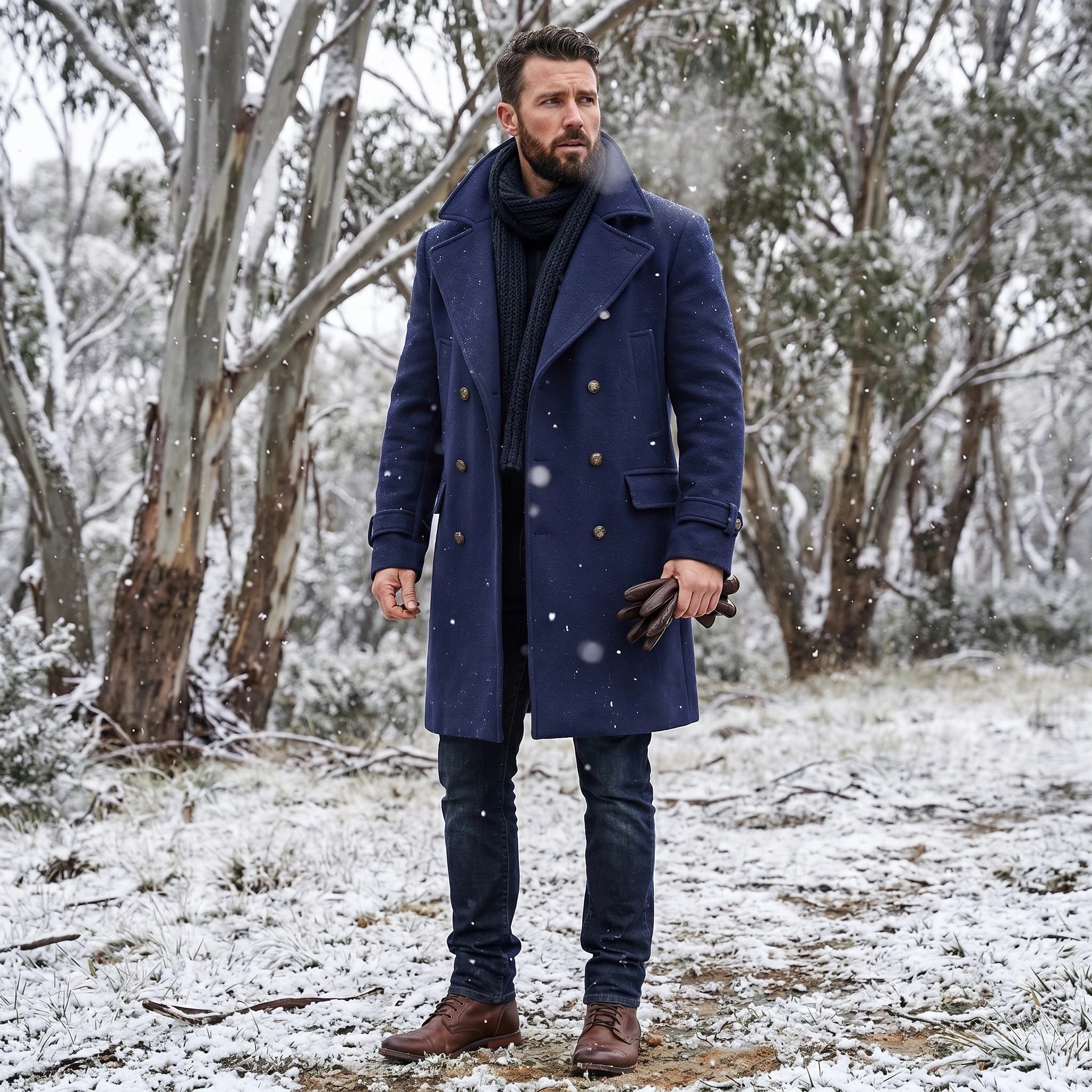 Close up view of the mens structured double breasted winter coat showing the rich fabric texture and precise stitching details against a neutral background.