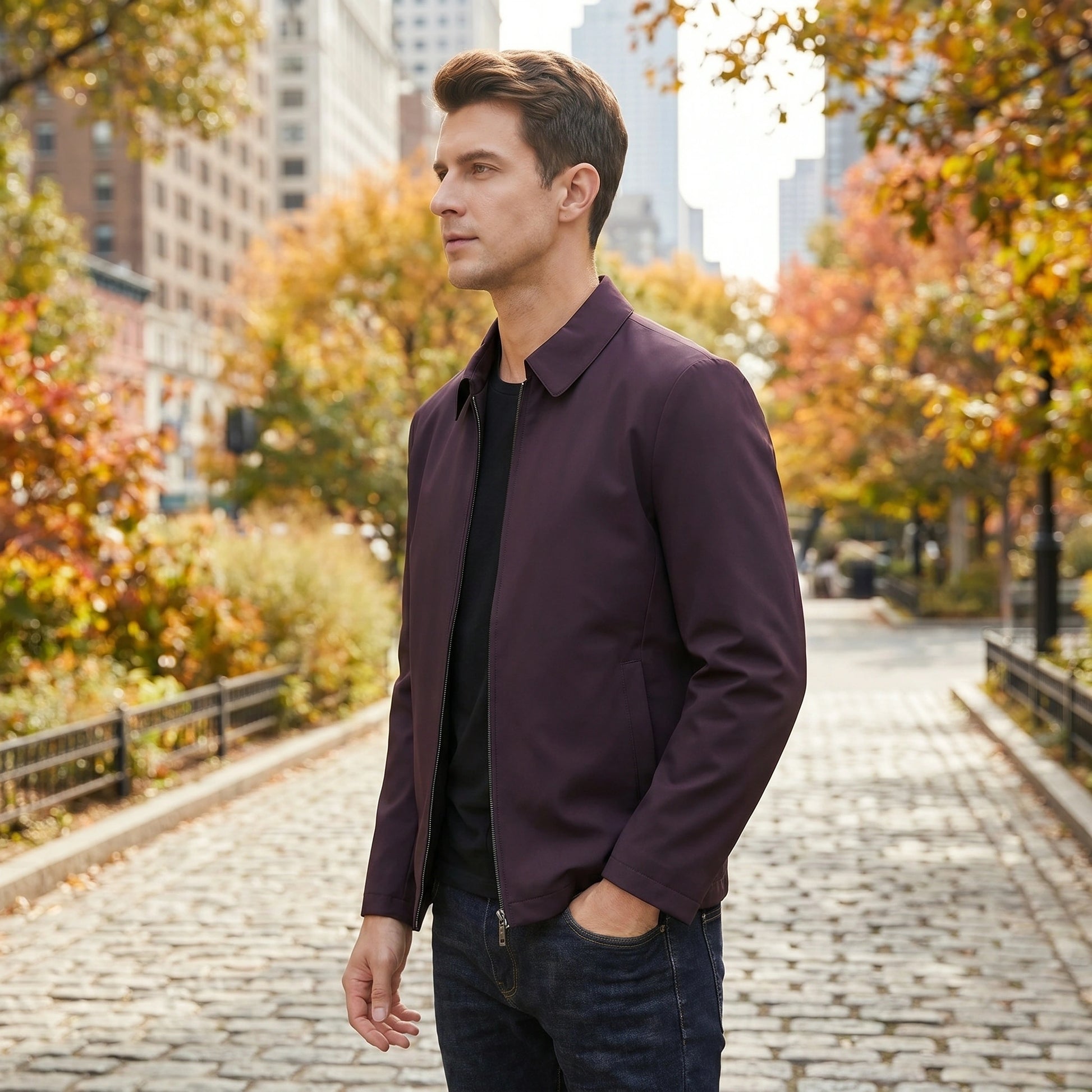 Close up of the Men's Cozy Winter Jacket showing the luxurious fabric texture and precise stitching in a sophisticated dark navy color.