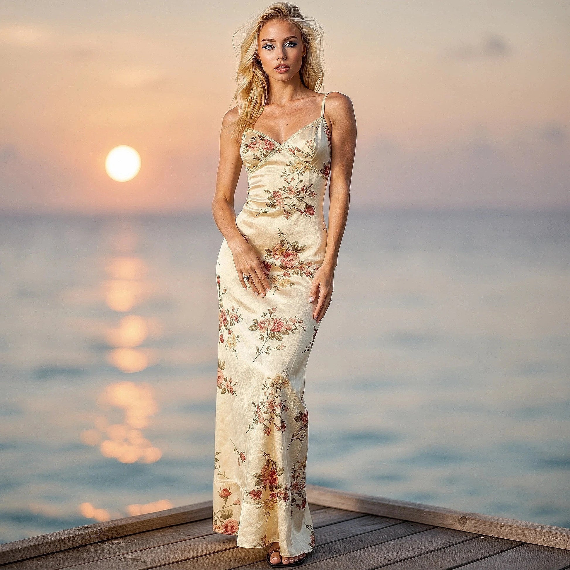 View of an elegant bodycon maxi dress featuring a vibrant floral print on a soft fabric, showcasing the intricate design and colors