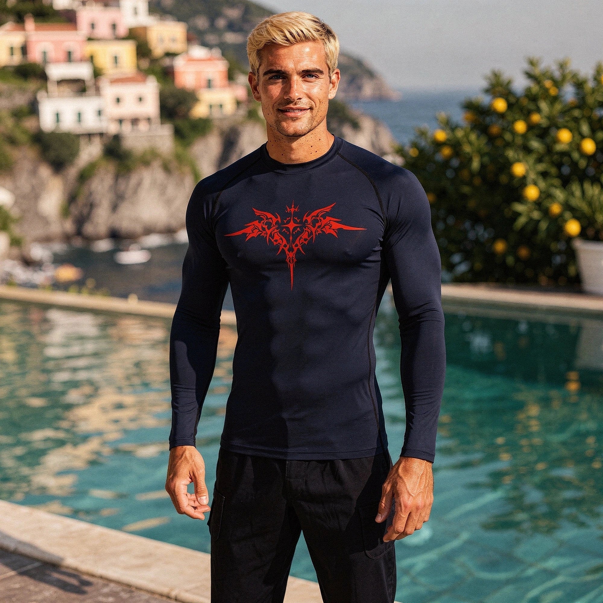 View of a black quick drying compression tee featuring a fitted design and breathable fabric
