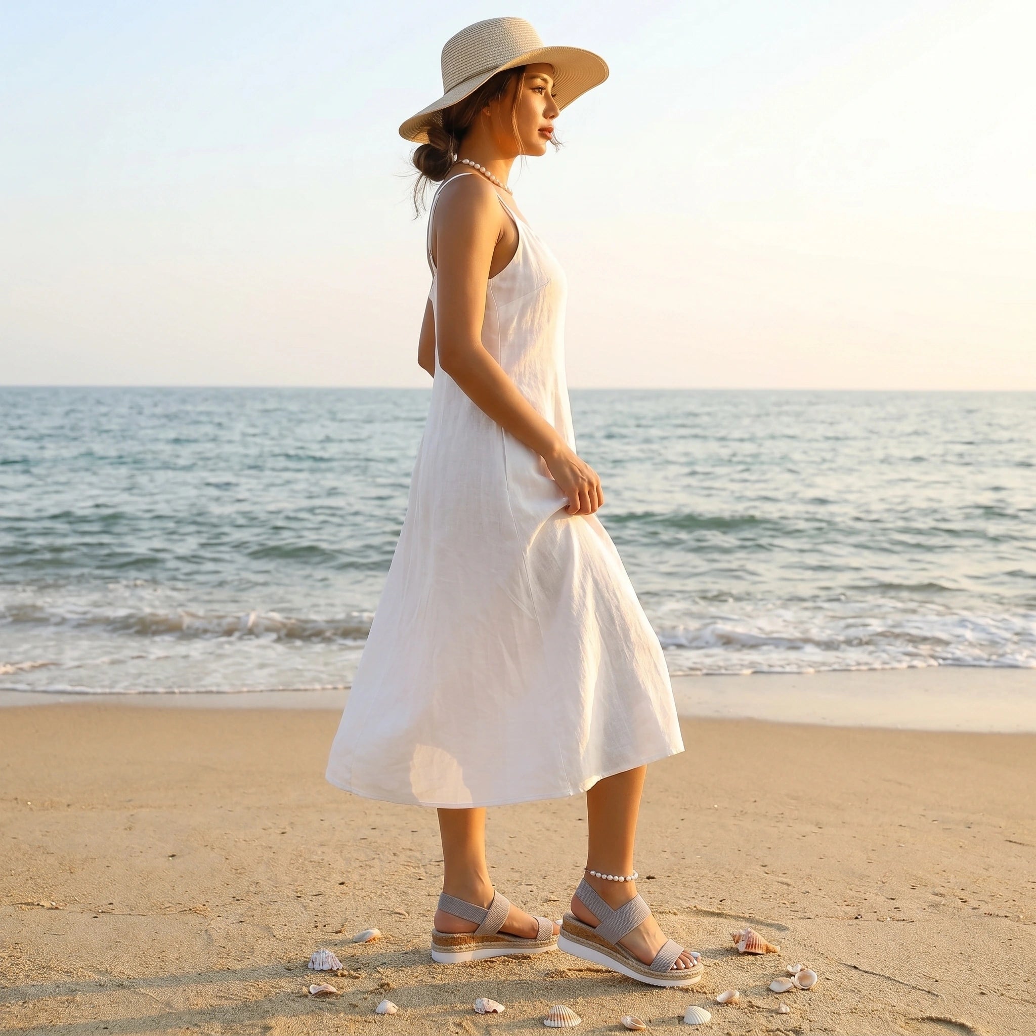 A model showcases women's supportive orthopedic sandals in a outfit showing neutral tones, set against a bright, minimalistic background.