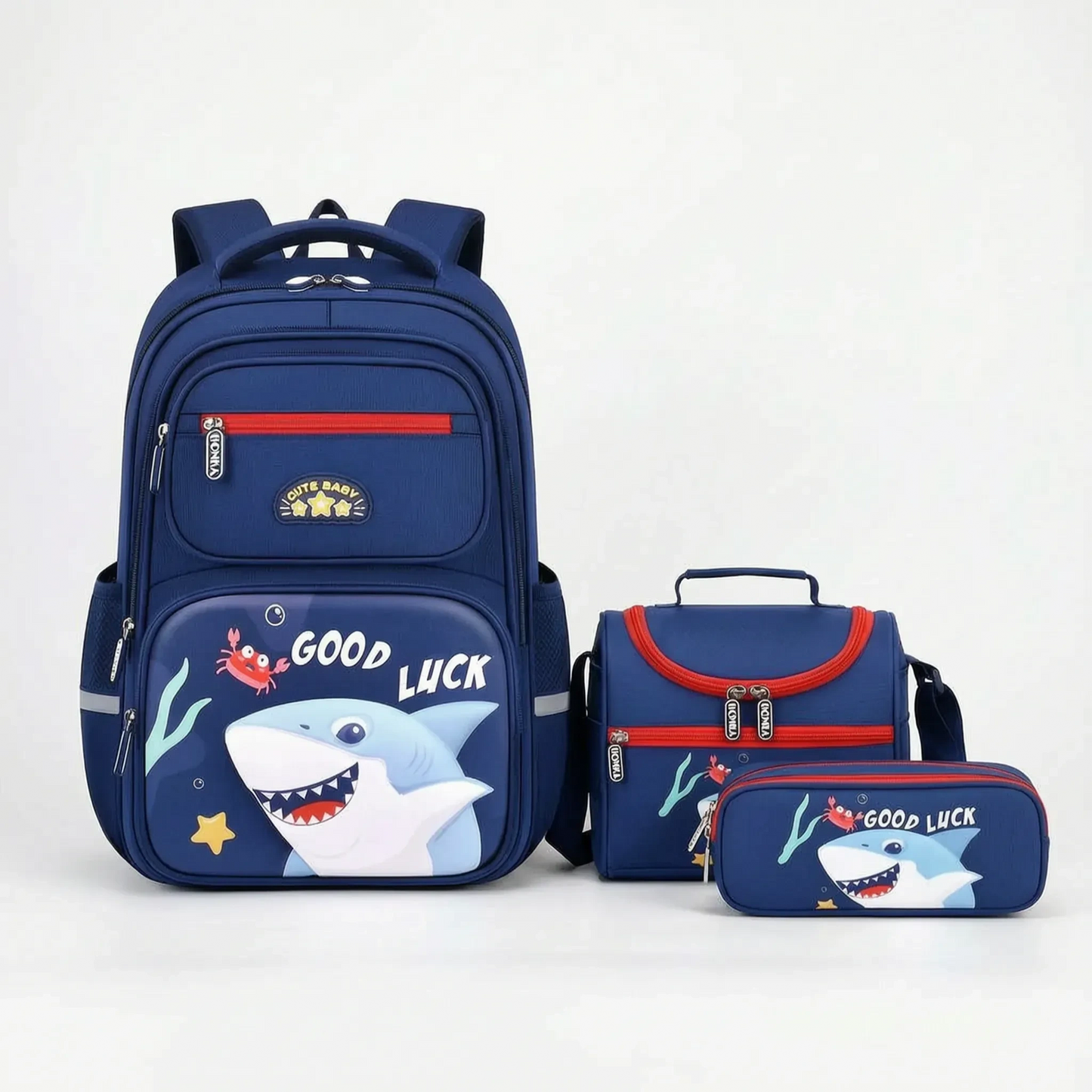 View of a coordinated stylish Oxford school backpack set featuring a navy blue exterior, multiple compartments, and padded shoulder straps
