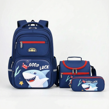 View of a coordinated stylish Oxford school backpack set featuring a navy blue exterior, multiple compartments, and padded shoulder straps