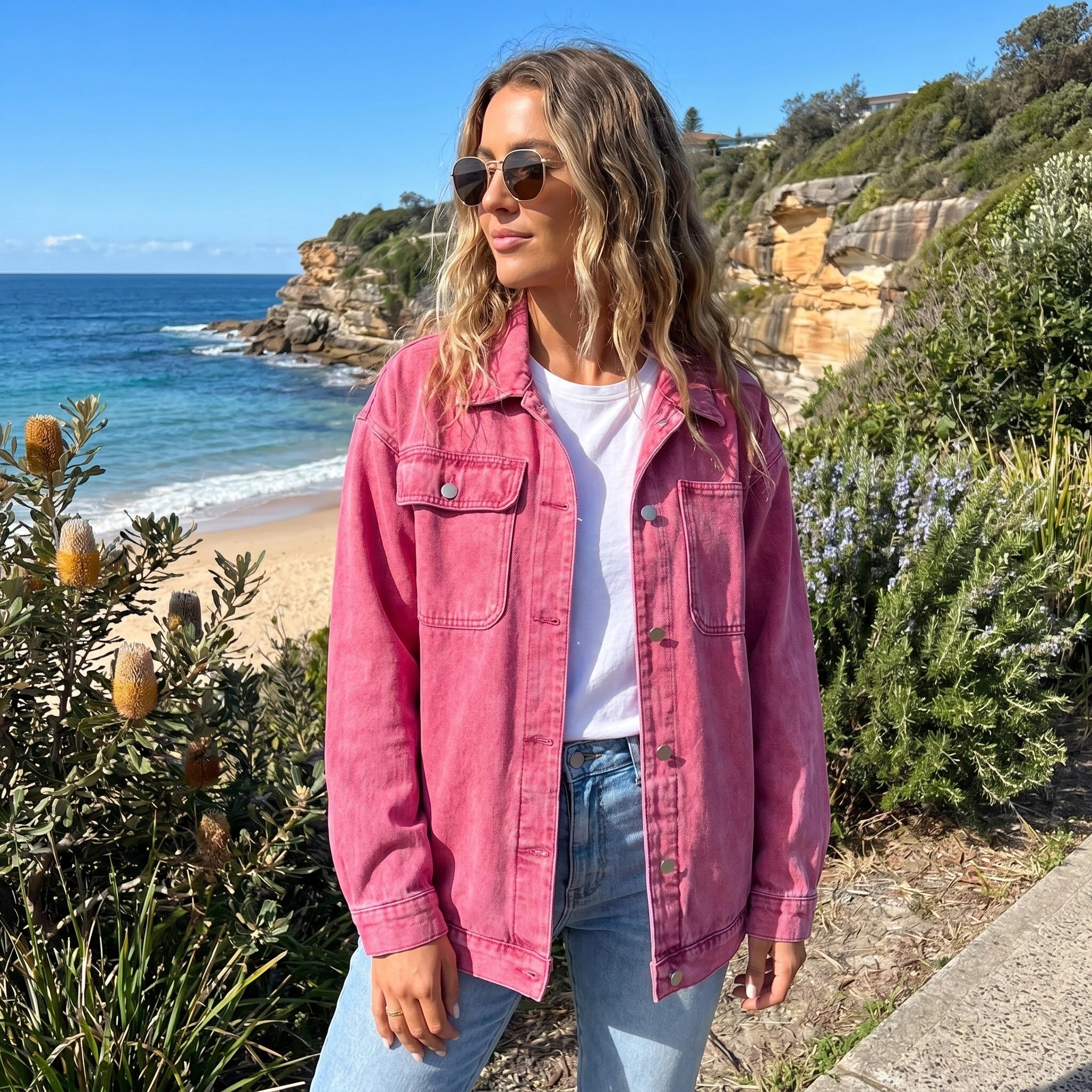 Close up view of the Womens Structured Denim Jacket showing the detailed stitching and rich indigo fabric, perfect for adding a edge to any outfit.