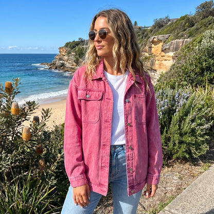 Close up view of the Womens Structured Denim Jacket showing the detailed stitching and rich indigo fabric, perfect for adding a edge to any outfit.