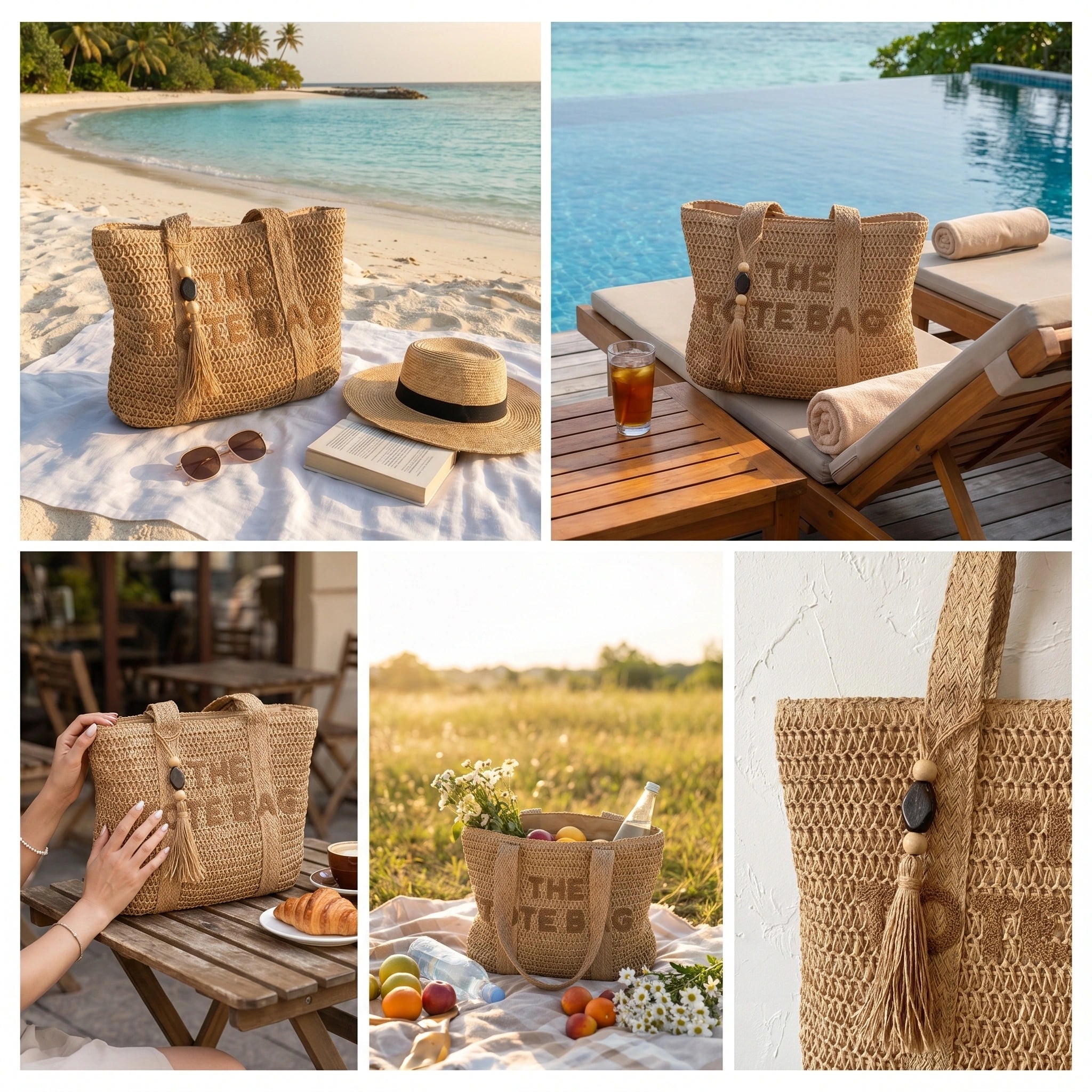 A model showcases the woven straw tote bag at the beach, paired with a light sundress and sandals against a sunny backdrop.