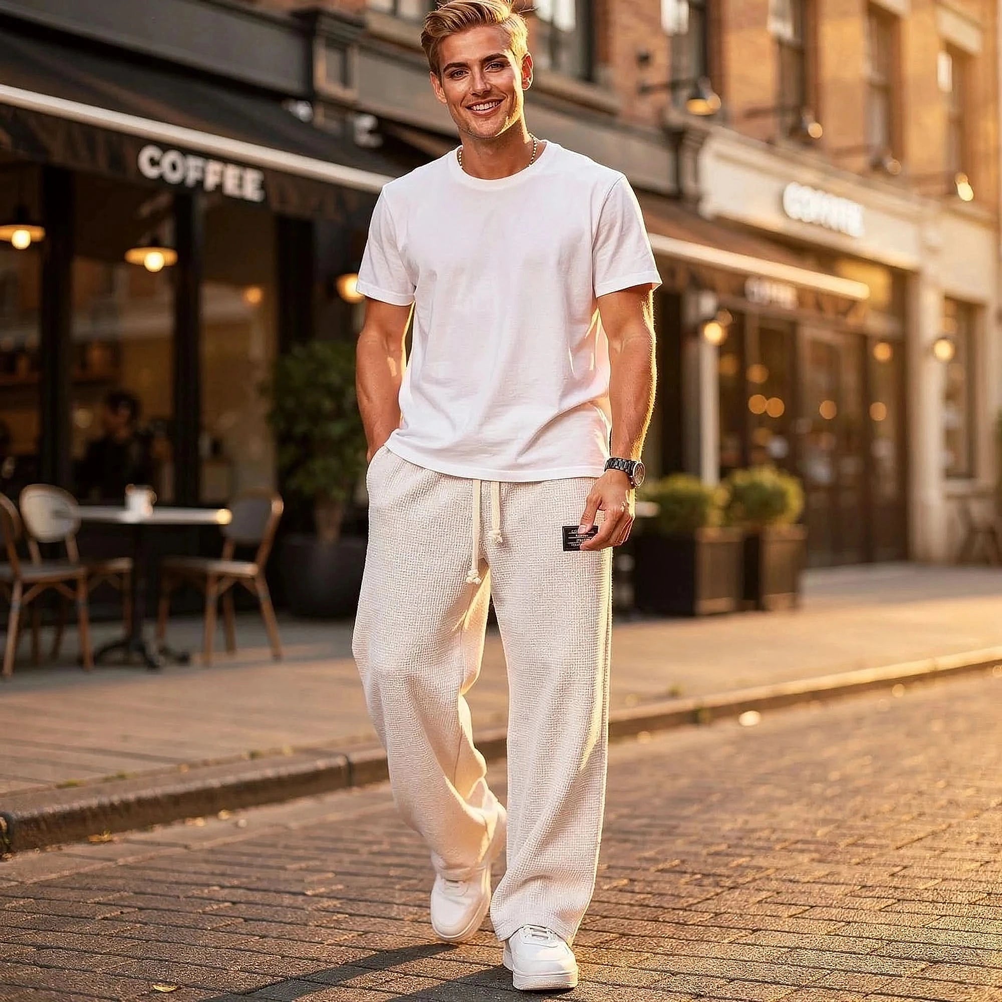 View of relaxed fit pants in soft beige fabric, featuring a comfortable waistband and loose leg design